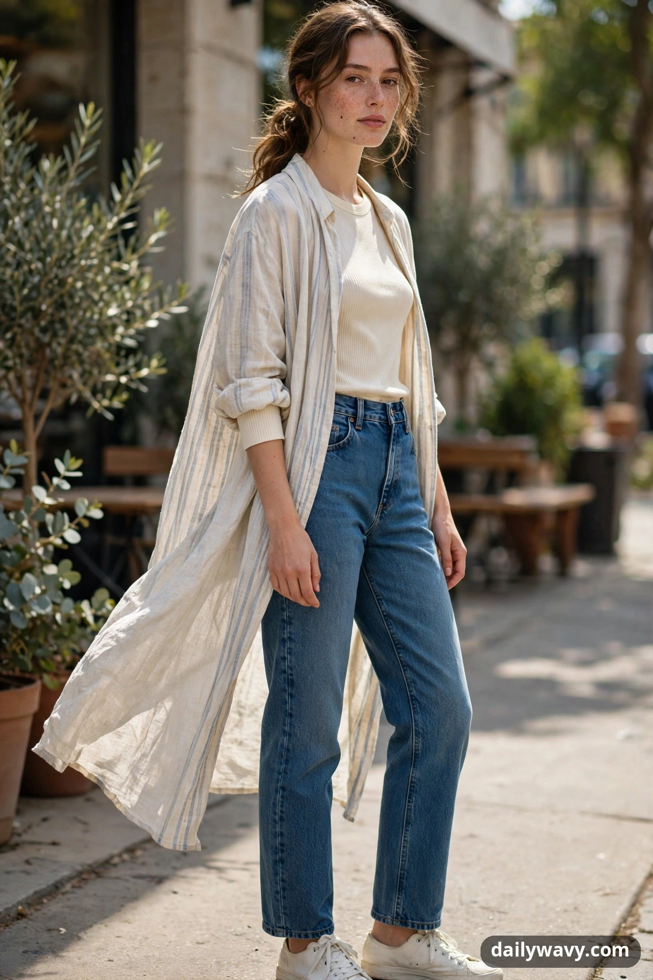 A woman stands on a sunny sidewalk in a fitted cream ribbed tee under a long open striped linen overshirt, medium-wash straight-leg jeans and white canvas sneakers.