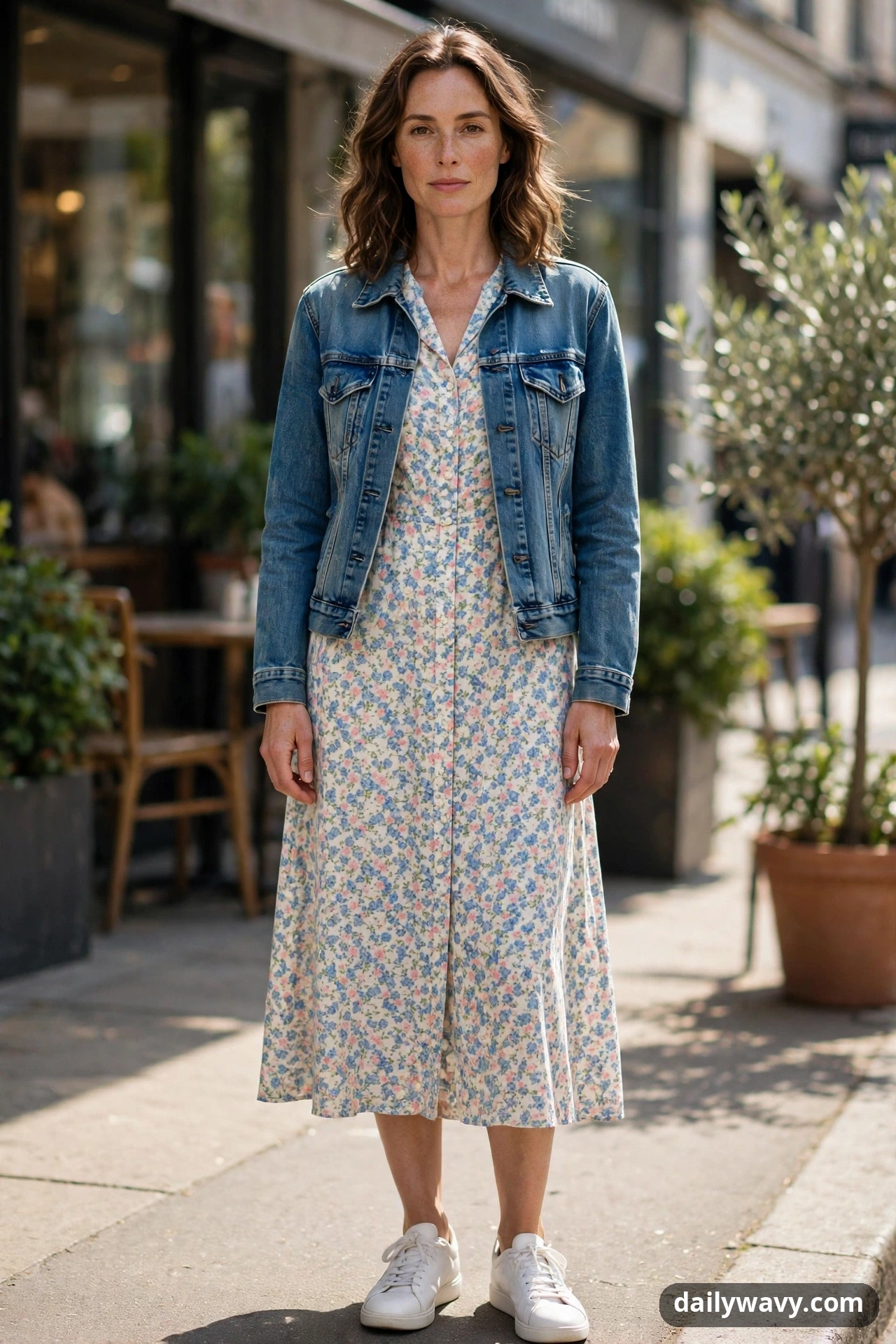 A woman stands on a cafe sidewalk in a small-floral midi dress with an open medium-wash denim jacket over it and white leather sneakers.
