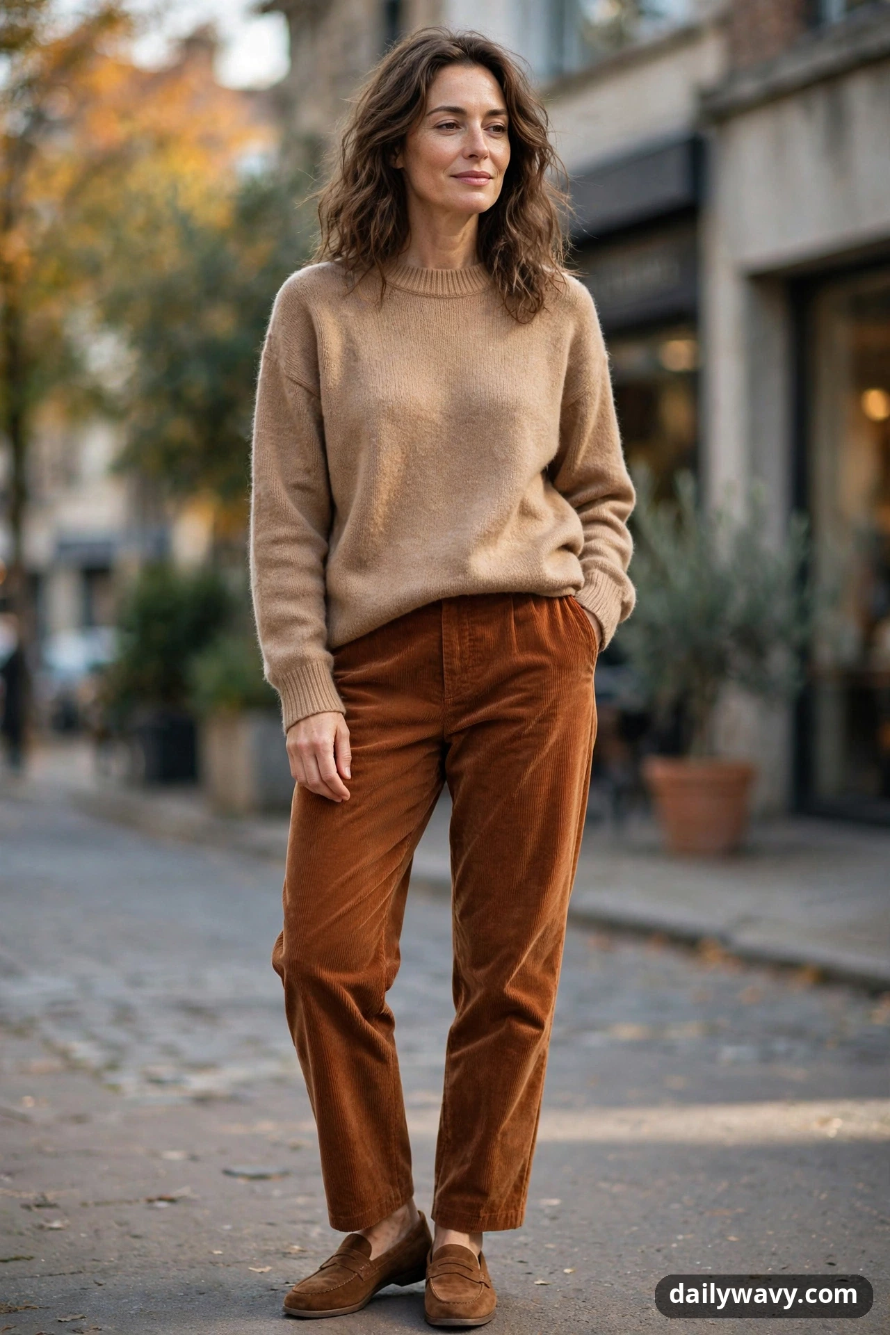 A woman stands on an autumn street in a relaxed camel crewneck knit worn loose over rust corduroy trousers, with tan suede loafers.