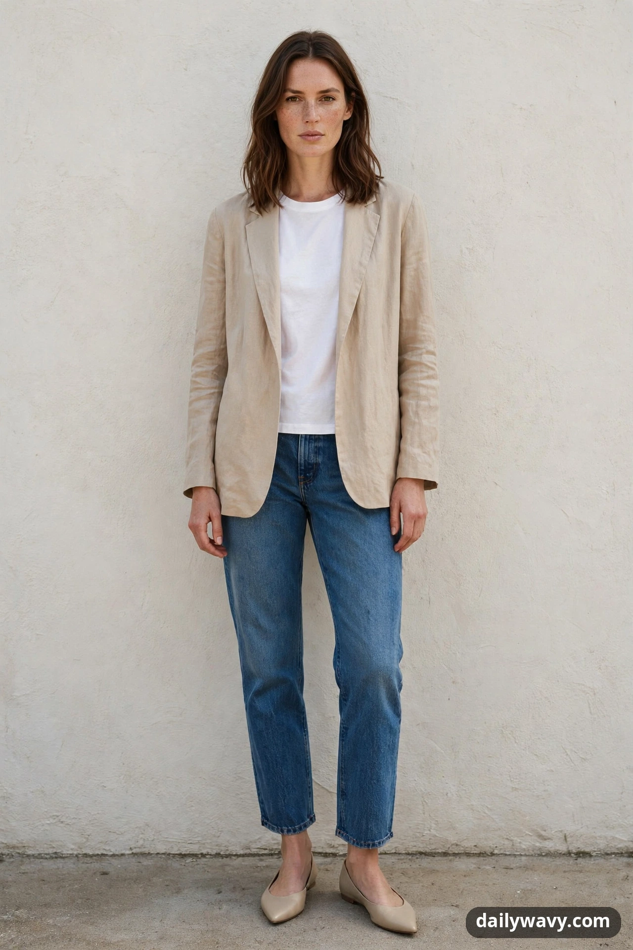 A woman stands against a stucco wall in a white crew-neck tee under an open sand-beige unstructured blazer, medium-wash straight-leg jeans and beige pointed flats.