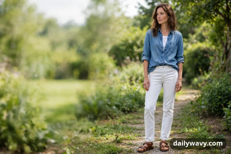 A woman stands on a garden path in an open chambray shirt over a white tee, white straight-leg jeans and brown leather sandals with heel straps