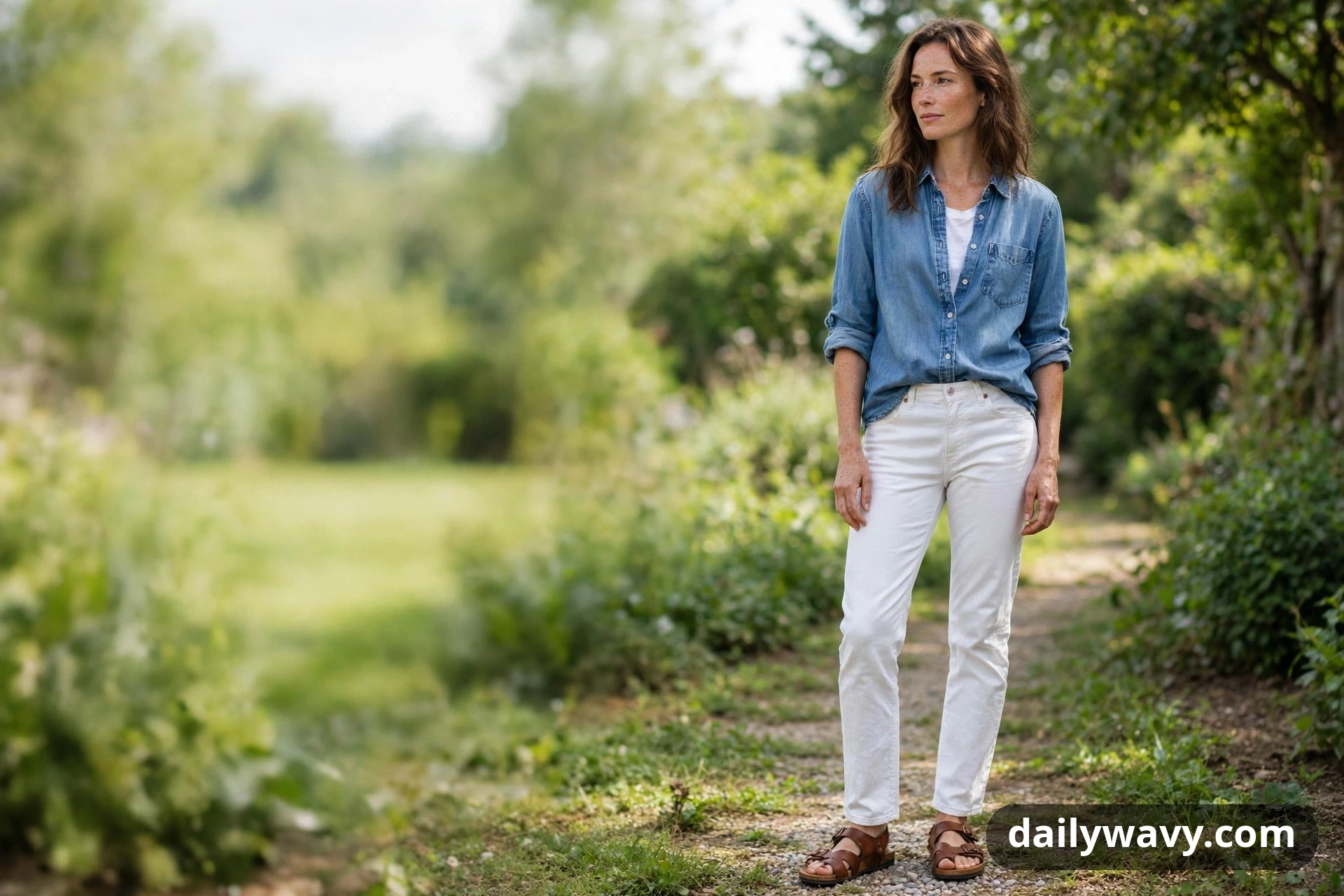 A woman stands on a garden path in an open chambray shirt over a white tee, white straight-leg jeans and brown leather sandals with heel straps