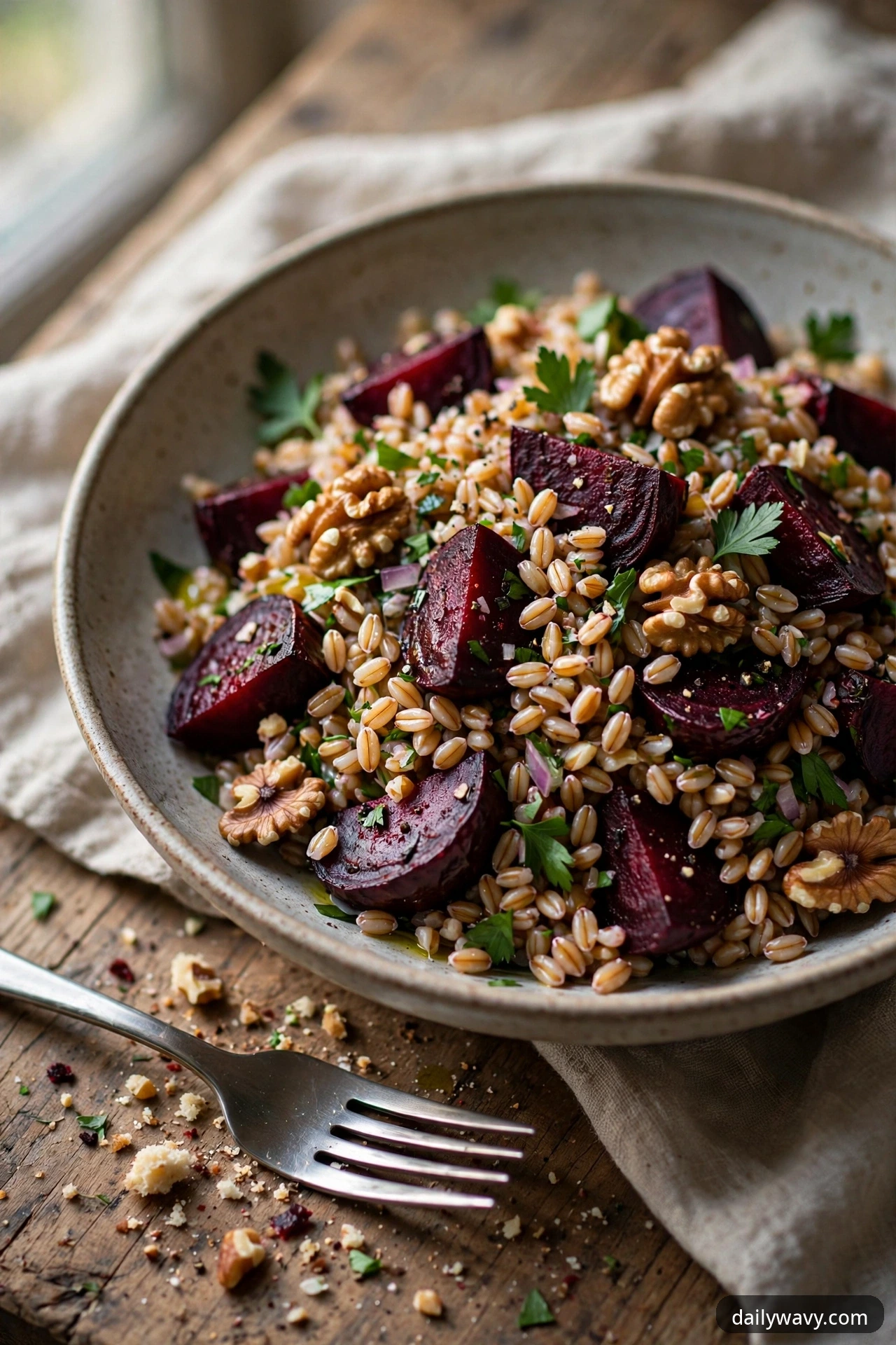 Farro salad with roasted beet wedges, walnuts, arugula and goat cheese