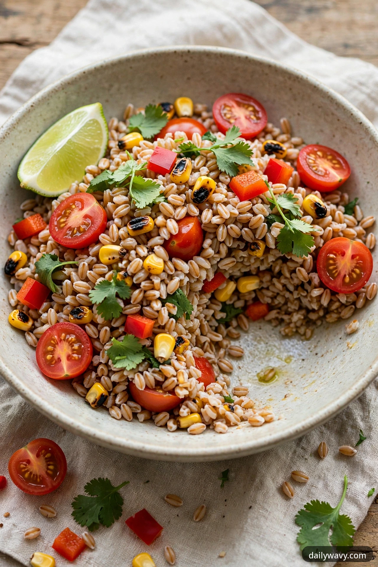 Farro salad with charred sweetcorn, cherry tomatoes, red bell pepper and lime