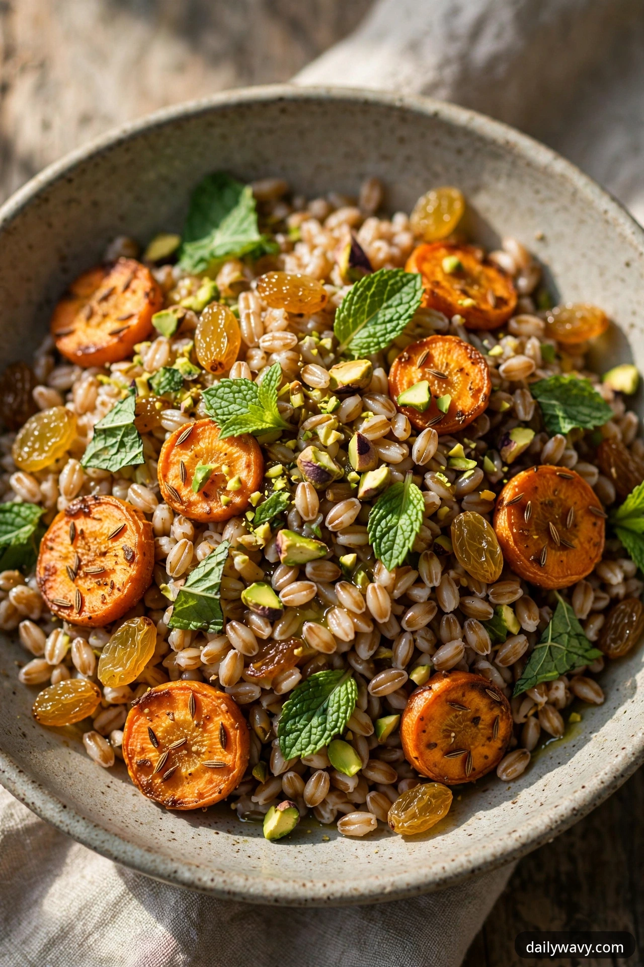Farro salad with roasted cumin carrots, golden raisins, pistachios and mint