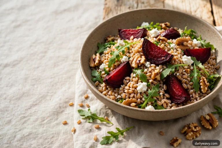 Farro salad with roasted beet wedges and toasted walnuts in a wide shallow bowl
