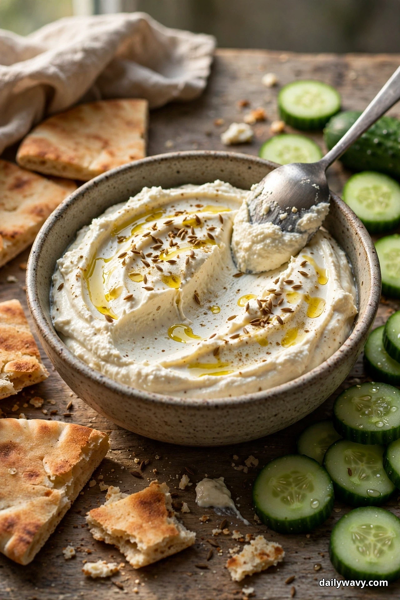 A spoon lifts a swirl from a bowl of creamy feta dip with tahini and cumin topped with olive oil and cumin seeds, with pita wedges and cucumber rounds around it