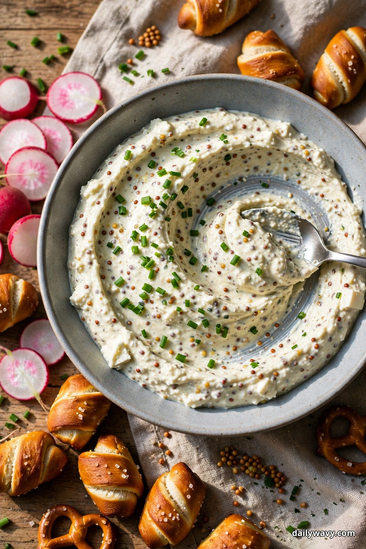 A bowl of feta dip flecked with whole-grain mustard seeds and chopped chives sits surrounded by soft pretzel bites and radish slices
