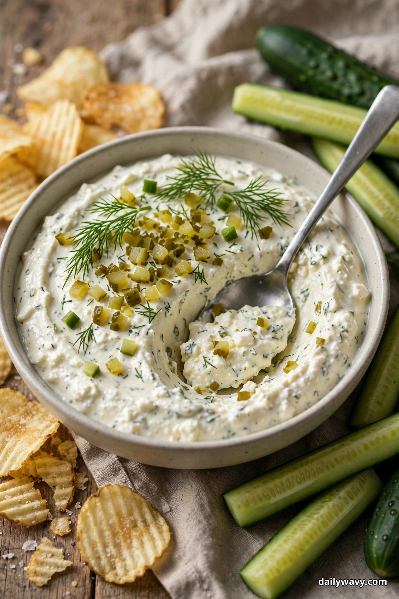 A bowl of feta dip topped with finely chopped dill pickles and fresh dill fronds sits with ridged potato chips and cucumber spears