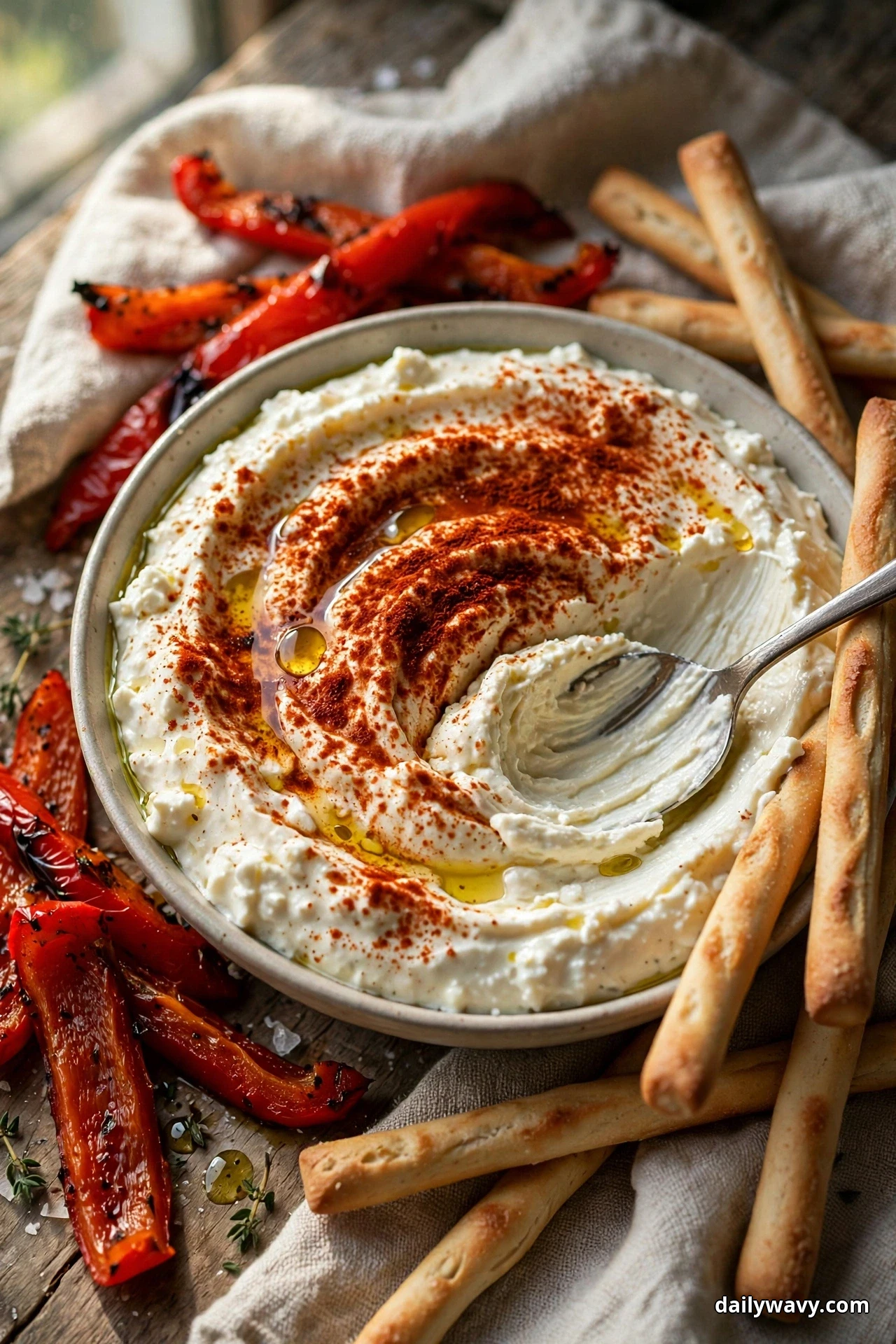A bowl of white feta dip dusted with smoked paprika and olive oil sits with breadsticks and roasted red pepper strips