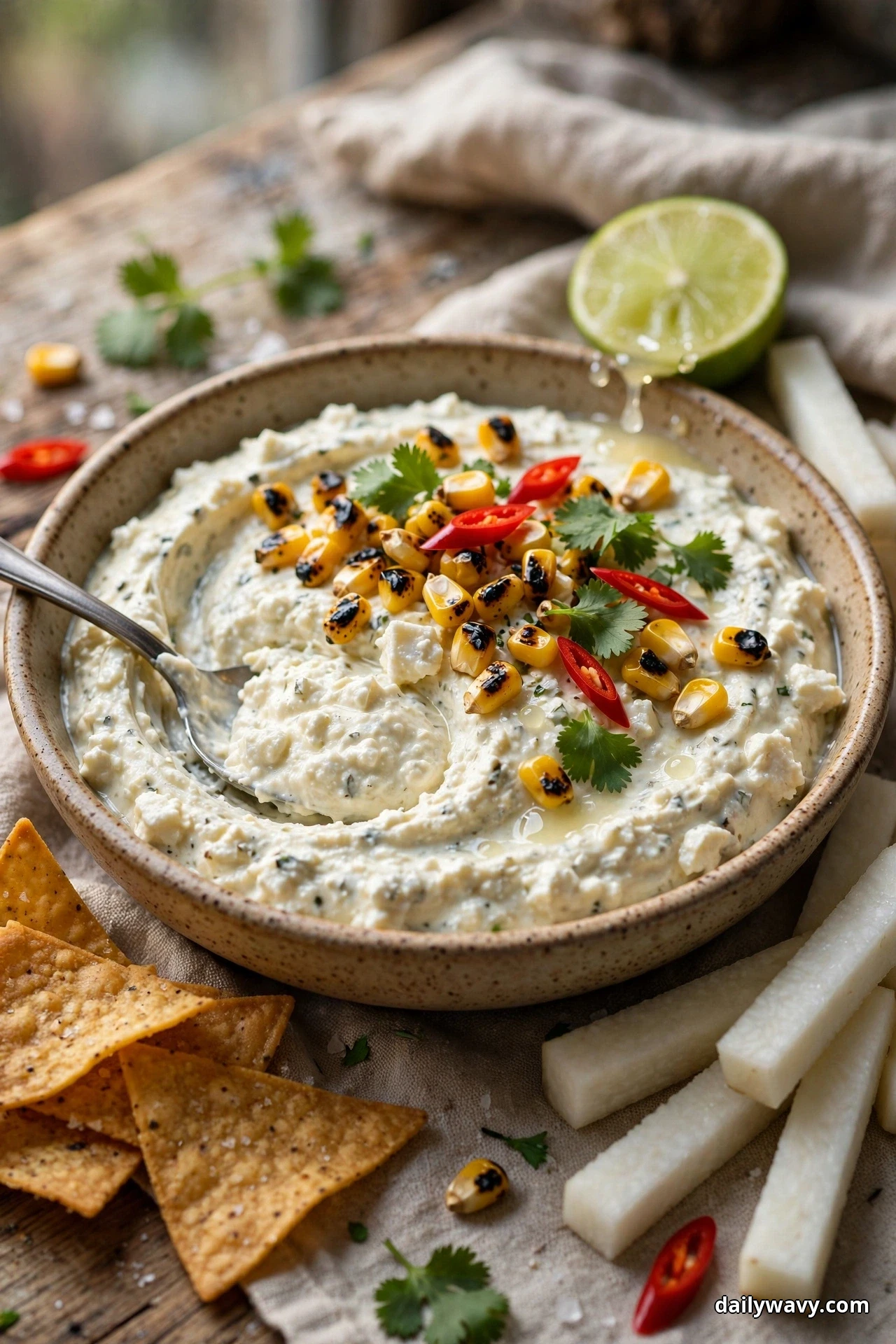 A bowl of feta dip topped with charred corn kernels and fresh cilantro sits with tortilla chips and jicama sticks