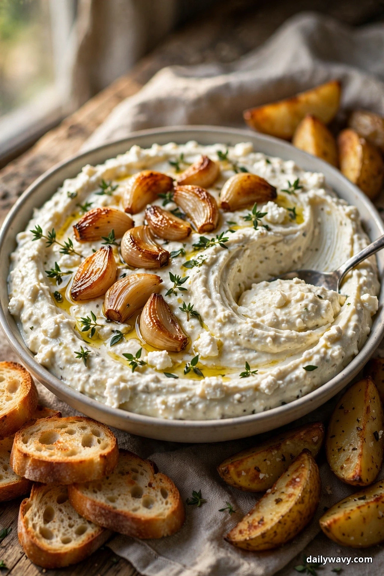 A bowl of feta dip topped with golden roasted garlic cloves and thyme sits with toasted baguette slices and roasted potato wedges