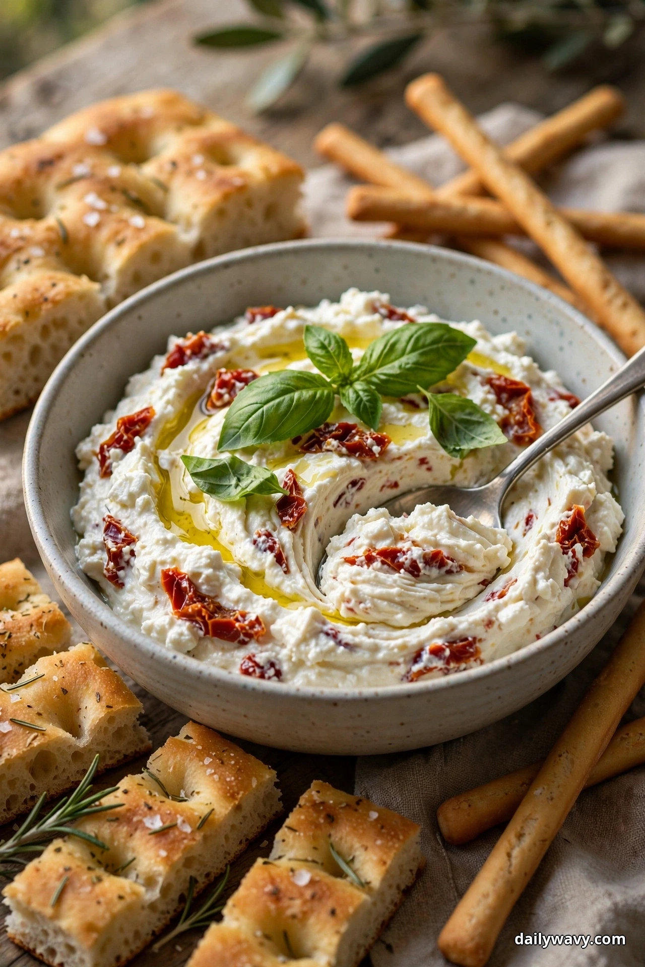 A bowl of feta dip with sun-dried tomato pieces and fresh basil leaves sits with focaccia pieces and grissini breadsticks