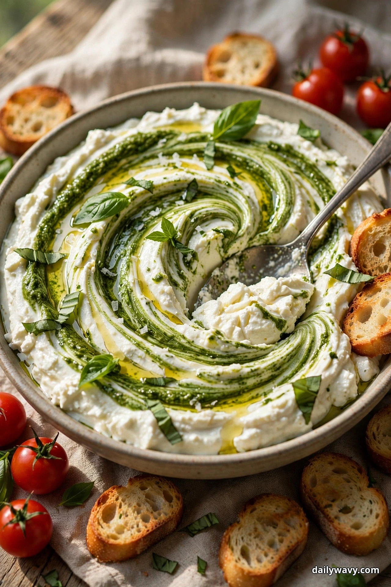 A bowl of creamy feta dip marbled with green basil pesto swirls and basil leaves sits with crostini and cherry tomatoes