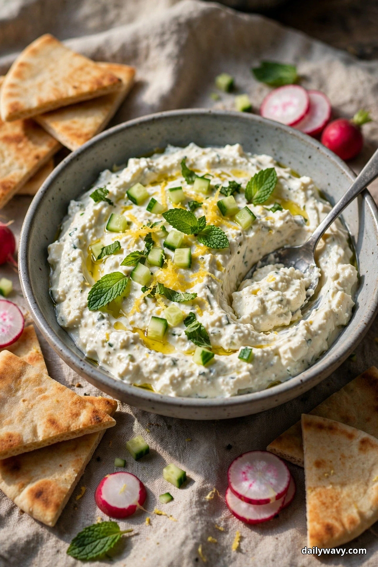 A bowl of feta dip topped with diced cucumber, mint leaves and lemon zest sits with warm pita triangles and radish slices