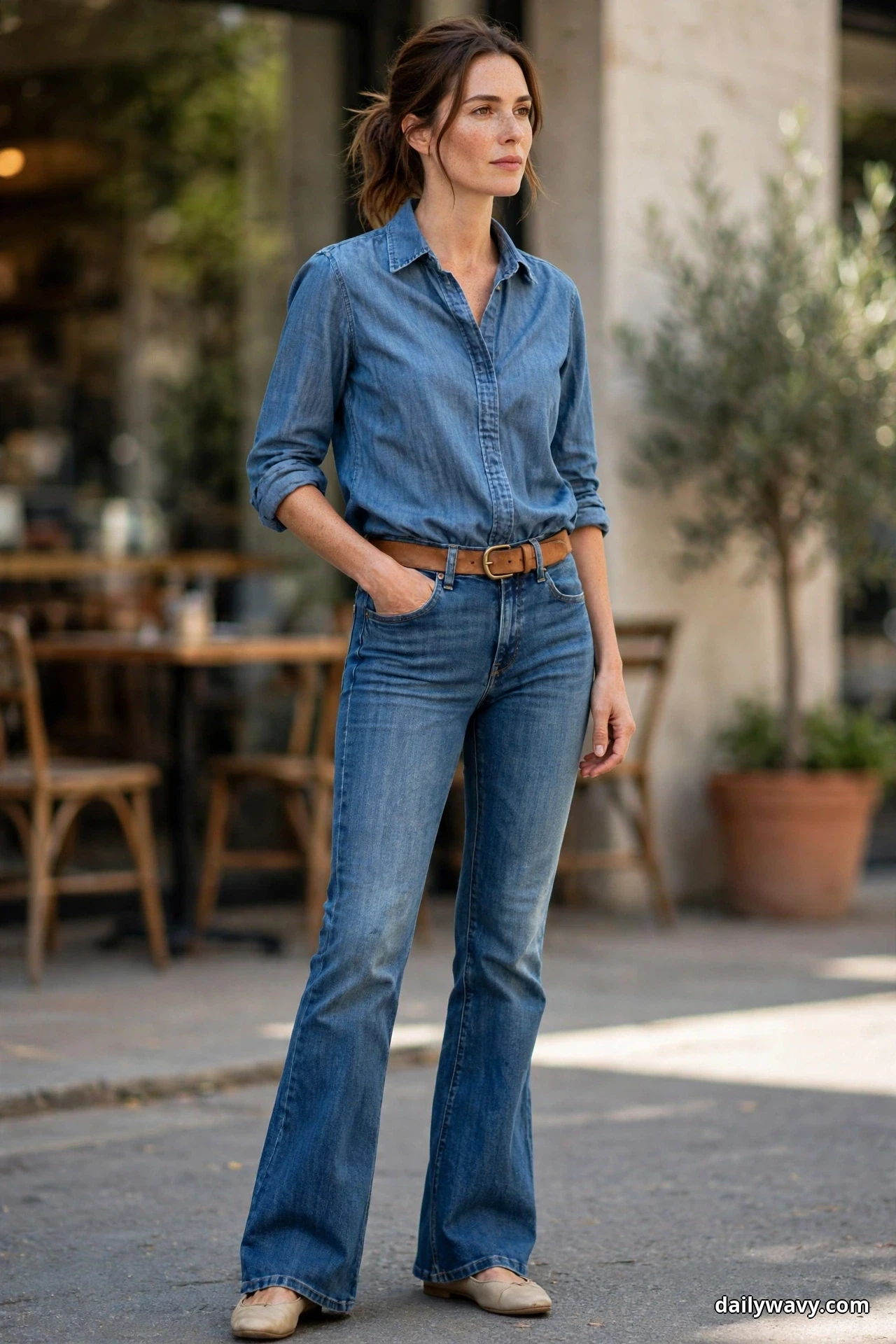A woman stands outside a cafe wearing a chambray shirt tucked into medium-wash flared jeans with a tan leather belt at the waist and beige pointed flat shoes peeking out under the long hems