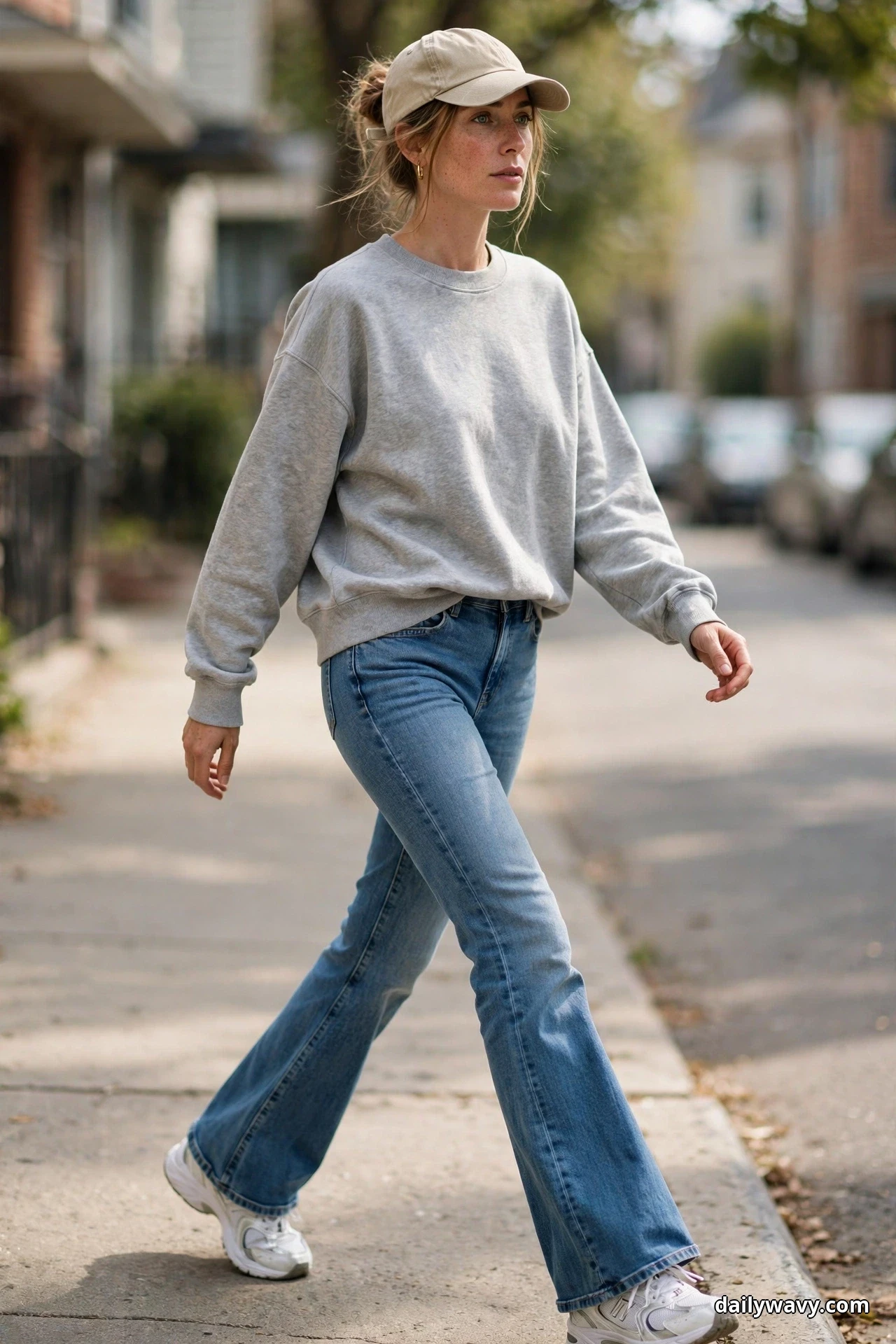 A woman walks along a residential sidewalk wearing a relaxed light gray sweatshirt and a beige baseball cap with medium-wash flared jeans and white chunky trainers showing below the hems