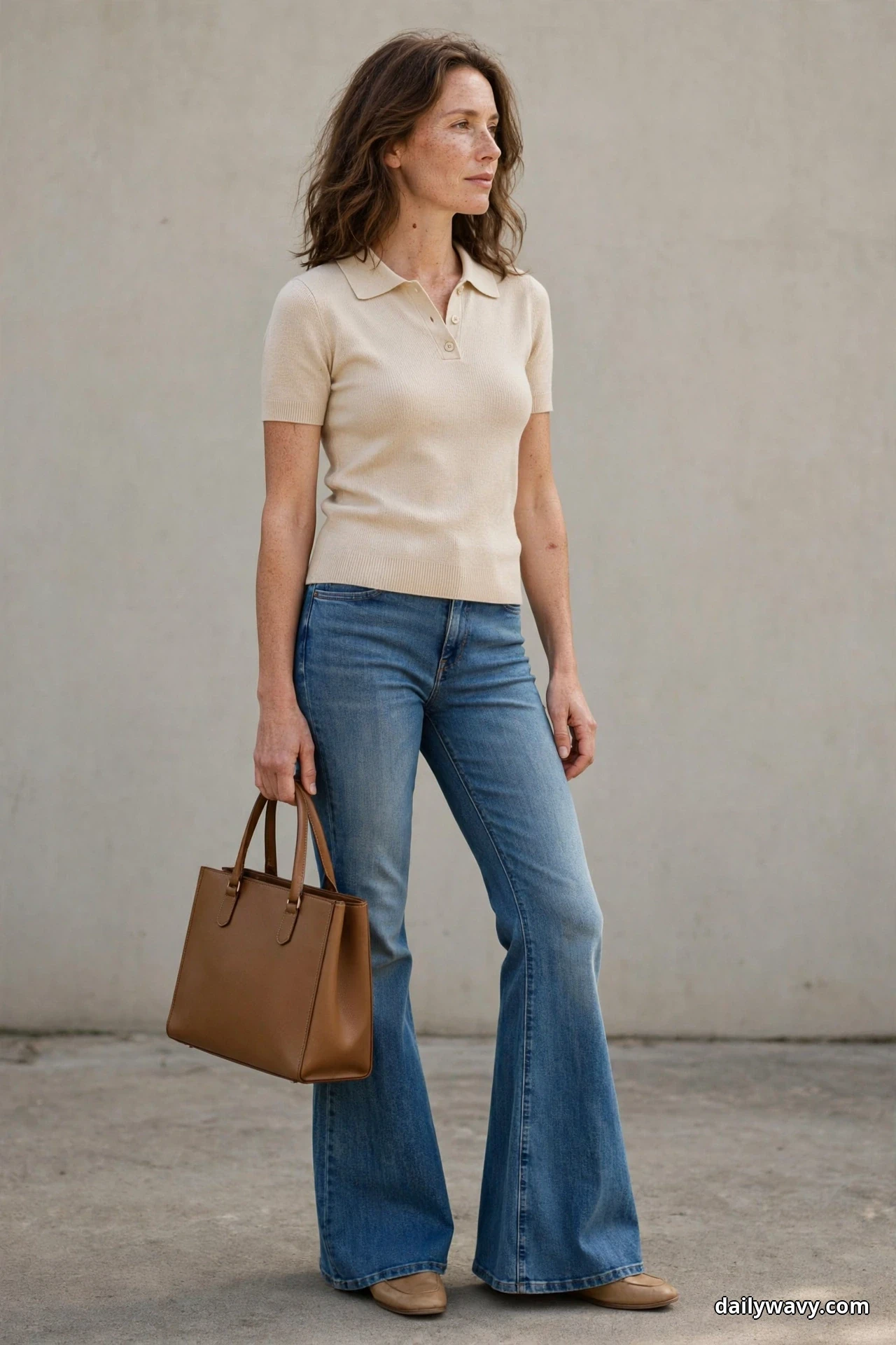 A woman stands against a plain wall wearing a cream short-sleeve polo knit top over medium-wash flared jeans, carrying a structured tan leather tote and wearing tan flat shoes under the hems