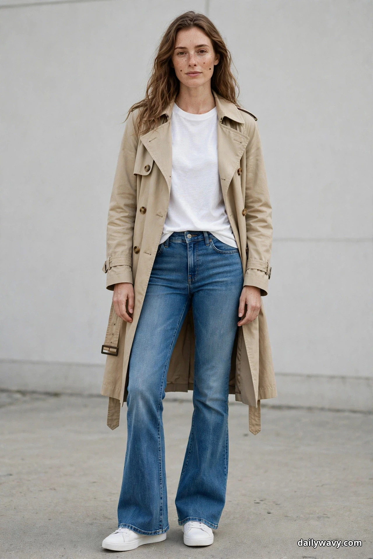 A woman stands against a plain wall wearing a white tee under an open beige trench coat that falls below the knee, with medium-wash flared jeans and white sneakers below the hems