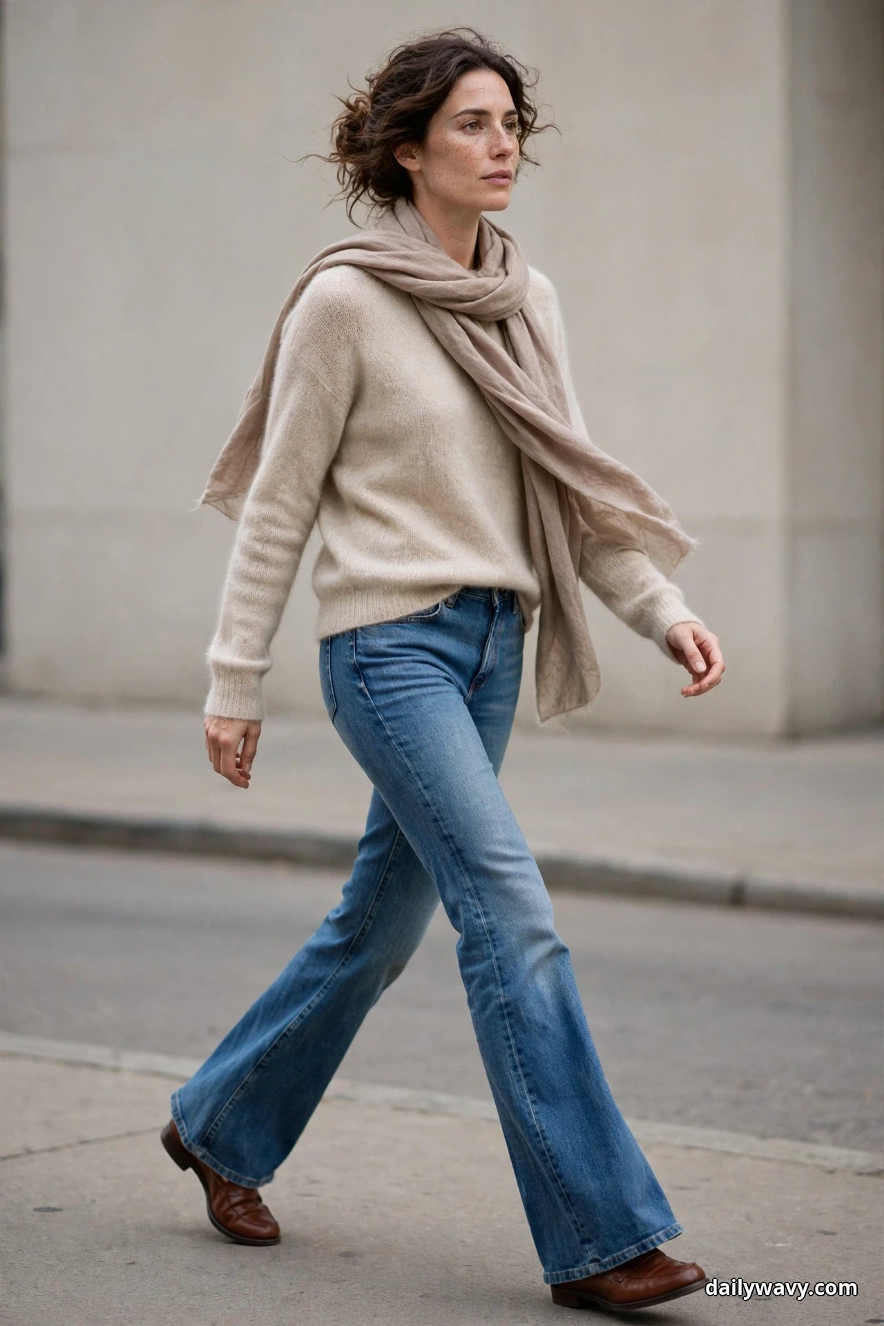 A woman walks along a city street wearing a soft cream sweater and a taupe scarf looped around her neck with medium-wash flared jeans and brown leather loafers showing below the hems