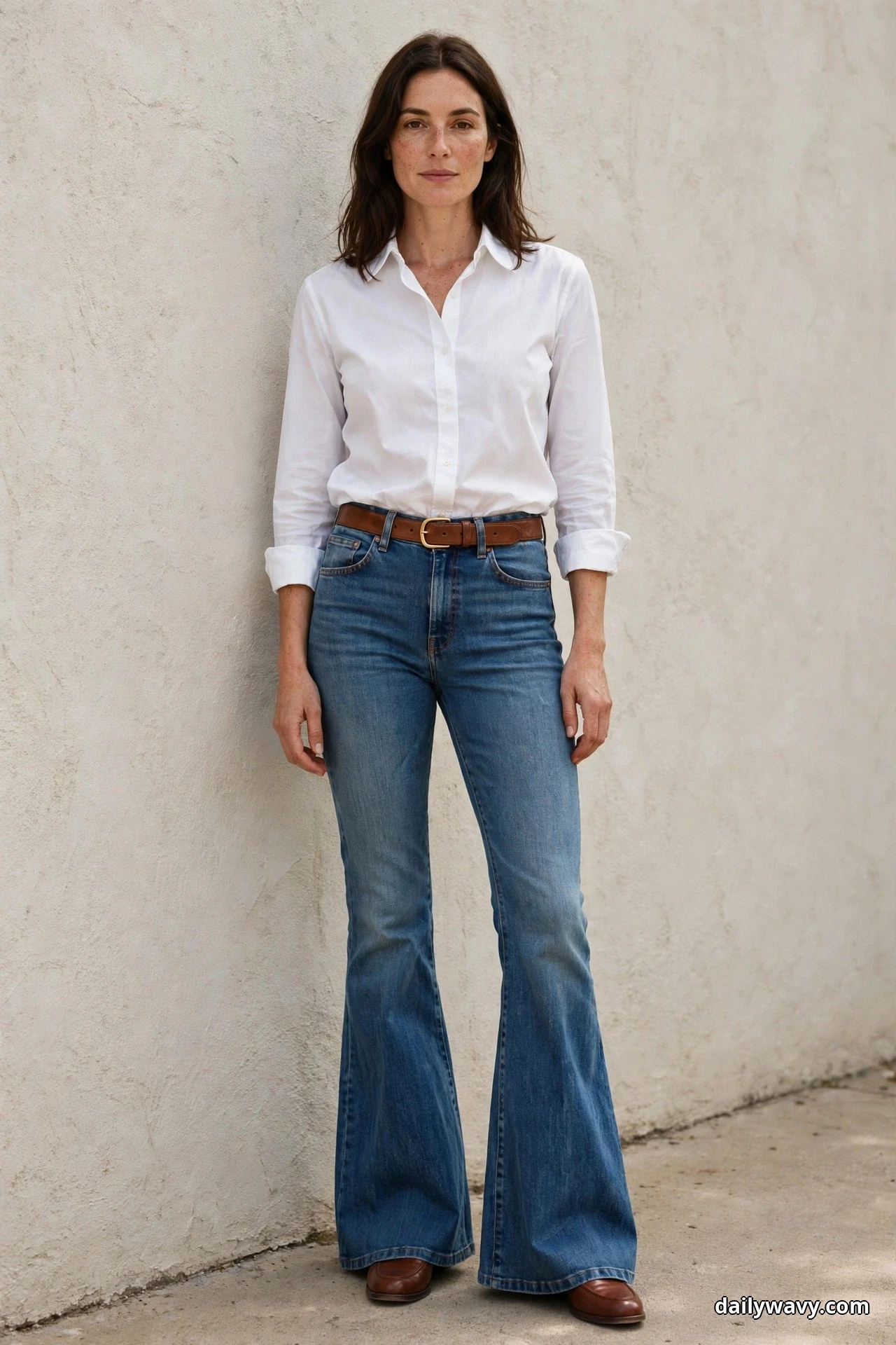 A woman stands against a plain plaster wall wearing a crisp white shirt tucked into medium-wash flared jeans with a brown leather belt and brown leather loafers peeking out under the wide hems
