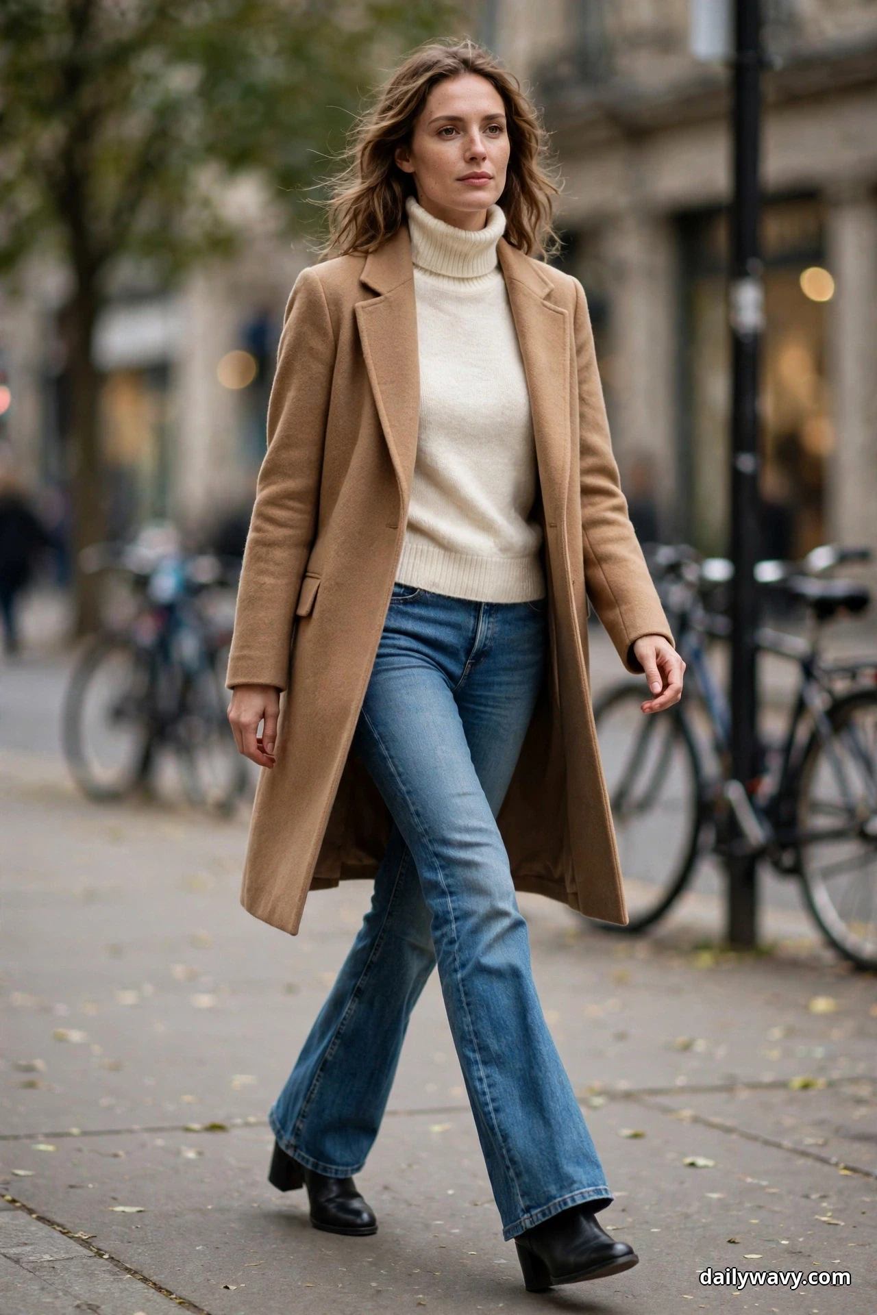 A woman walks along a city sidewalk wearing a cream turtleneck sweater under a camel wool coat with medium-wash flared jeans and black low block-heel boots below the hems