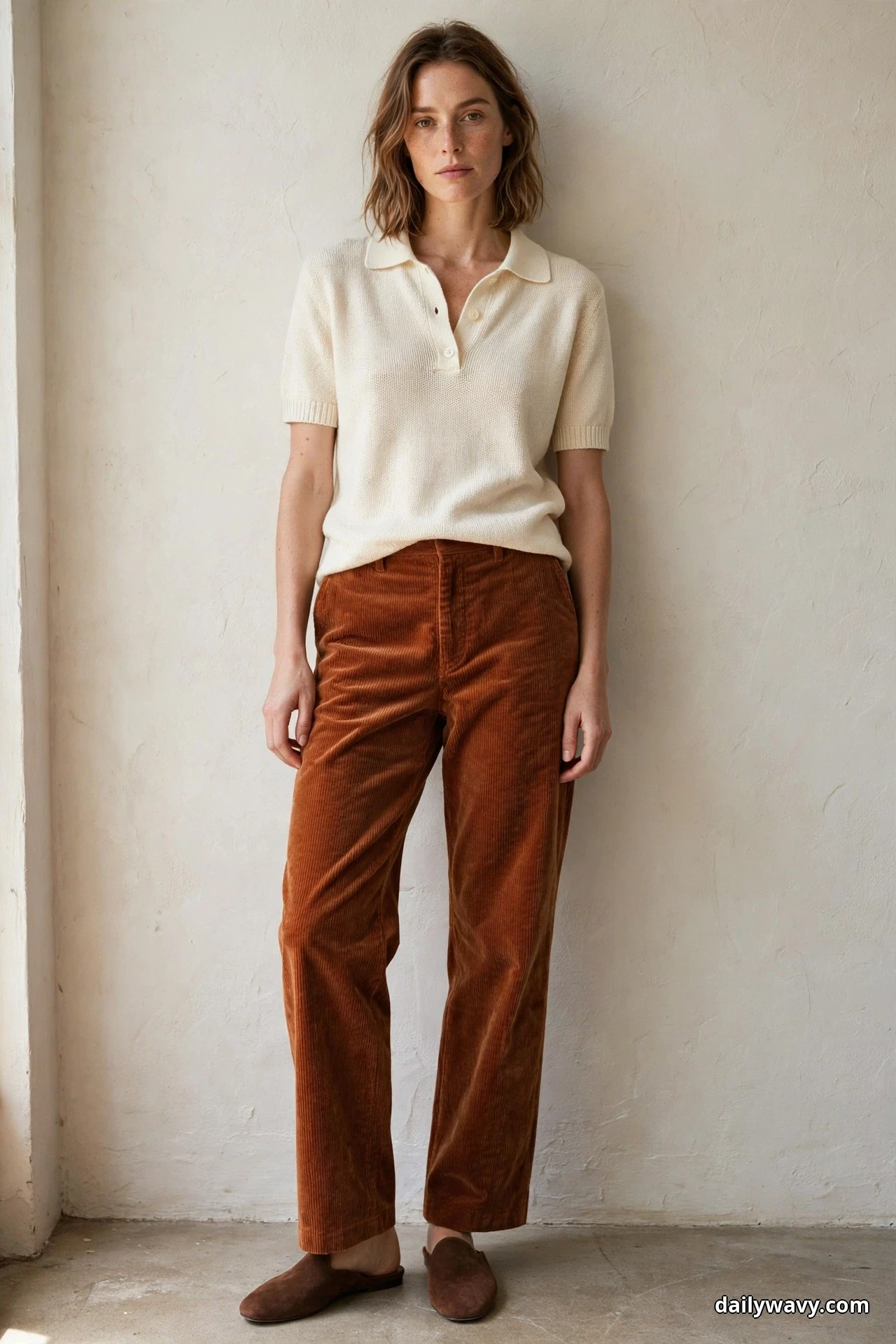 A woman stands full length against a plain plaster wall wearing a cream short-sleeve knit polo with rust wide-wale corduroy trousers and chocolate brown suede flat mules