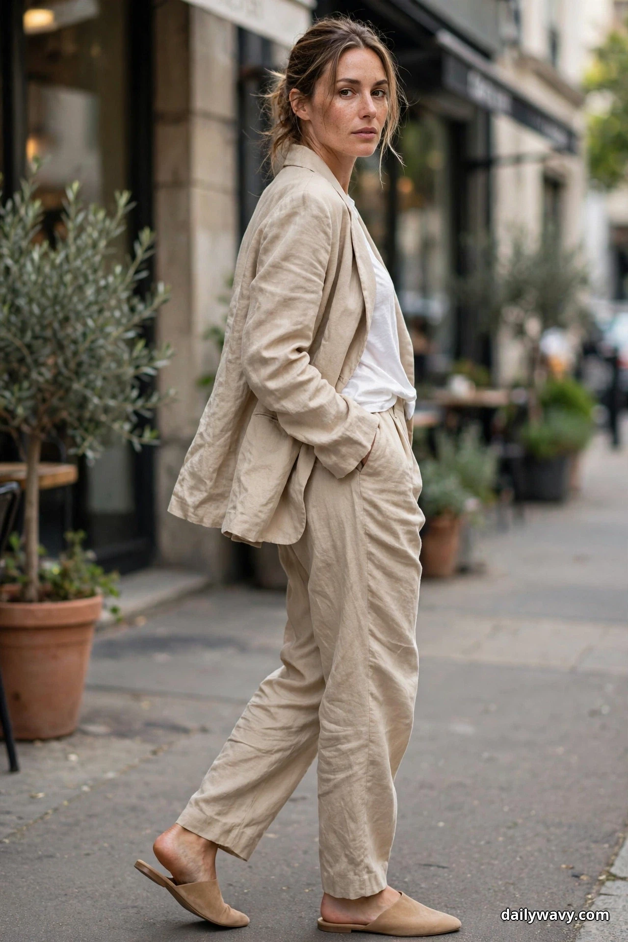 A woman walks along a cafe street wearing an unstructured beige blazer and matching tapered trousers over a white tee, with tan suede flat mules