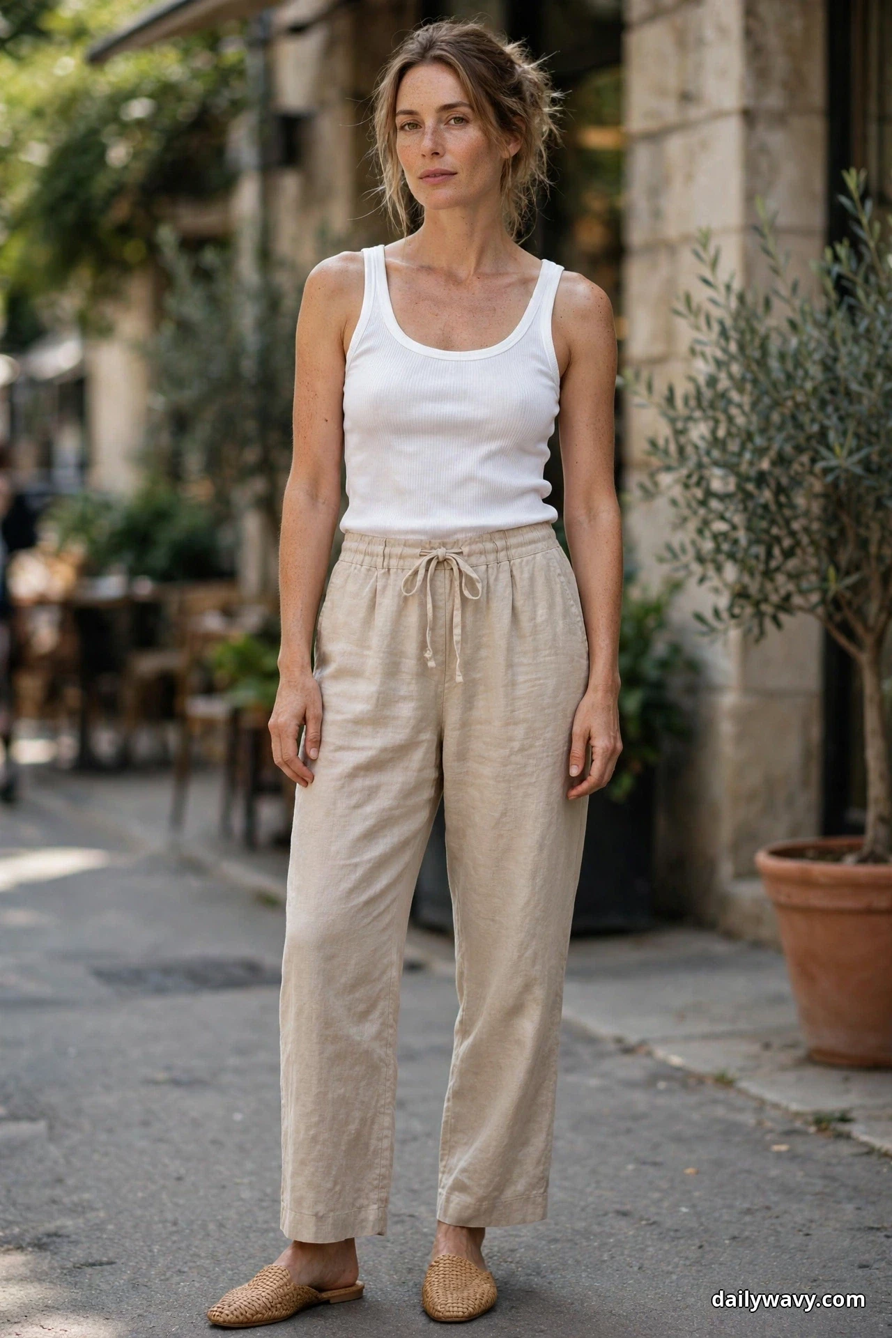 A woman stands full length on a cafe street wearing a white ribbed tank with sand drawstring linen trousers and woven tan flat mules