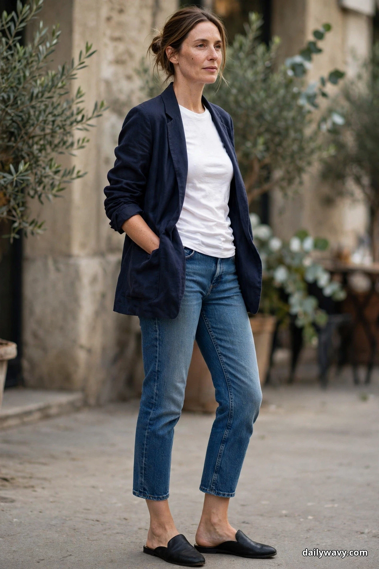 A woman stands full length on a cafe street wearing a navy unstructured blazer with pushed-up sleeves over a white tee, with cropped medium-wash jeans and black leather flat mules