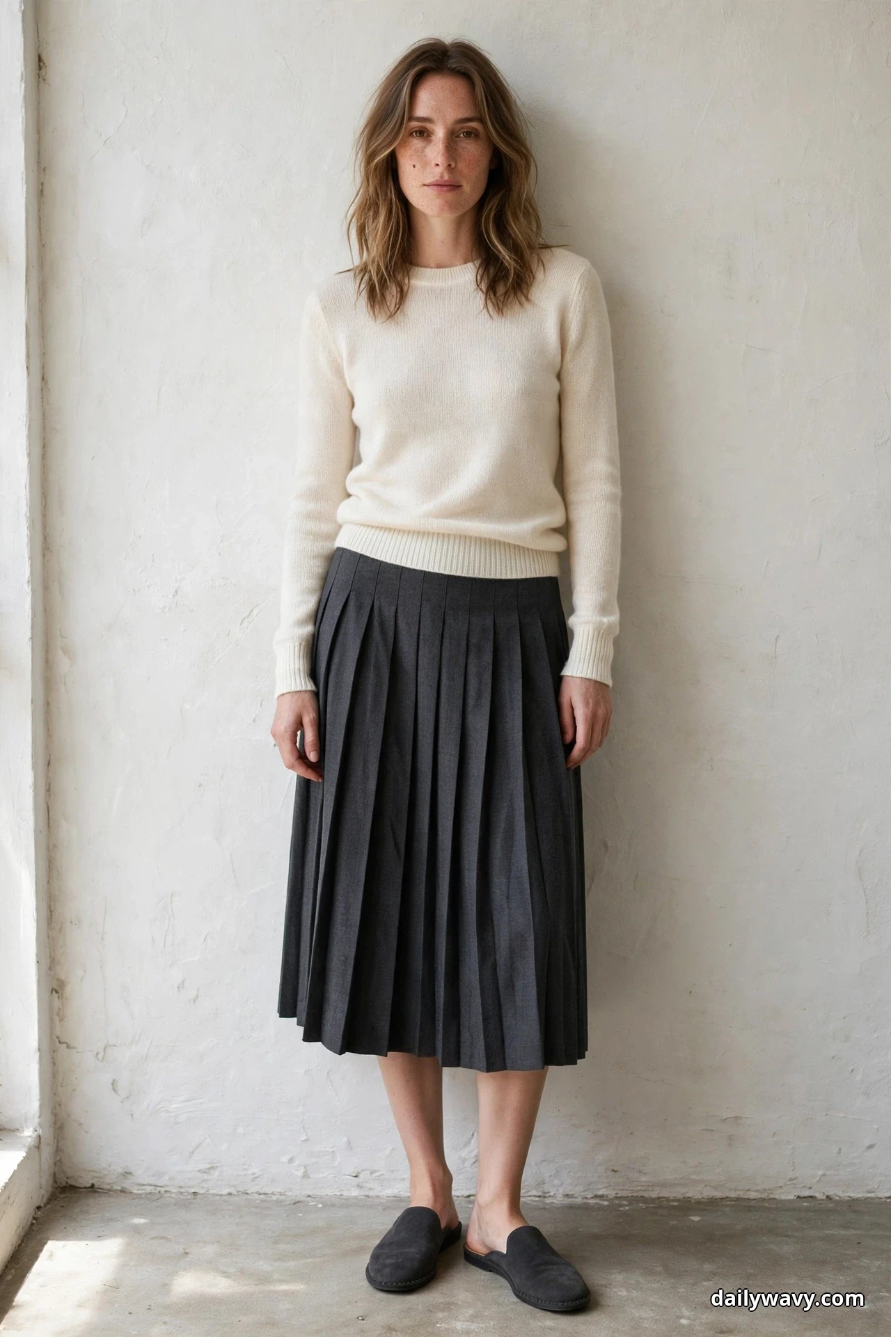 A woman stands full length against a plain plaster wall wearing a cream fine-knit sweater with a charcoal pleated midi skirt and charcoal suede flat mules