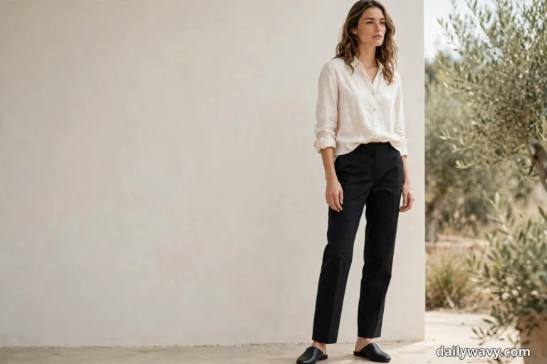 A woman stands full length against a cream plaster wall with olive trees at her side wearing a soft ivory button blouse half-tucked into black straight-leg trousers with a pressed crease, with black leather flat mules