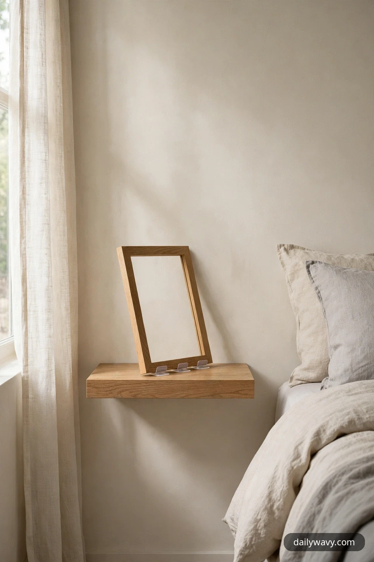 A closer view shows a tall oak picture frame leaning against the wall on a floating oak shelf beside a bed, with small clear anti-slip pads visible under its front edge.