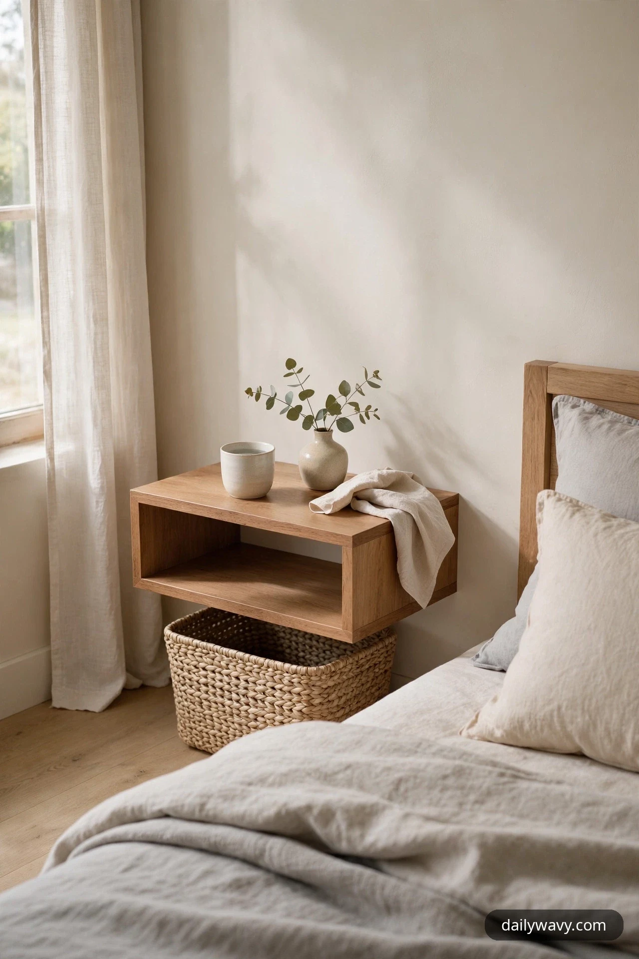 A woven seagrass basket sits on the floor beneath an open oak floating nightstand beside a bed with cream linen bedding.