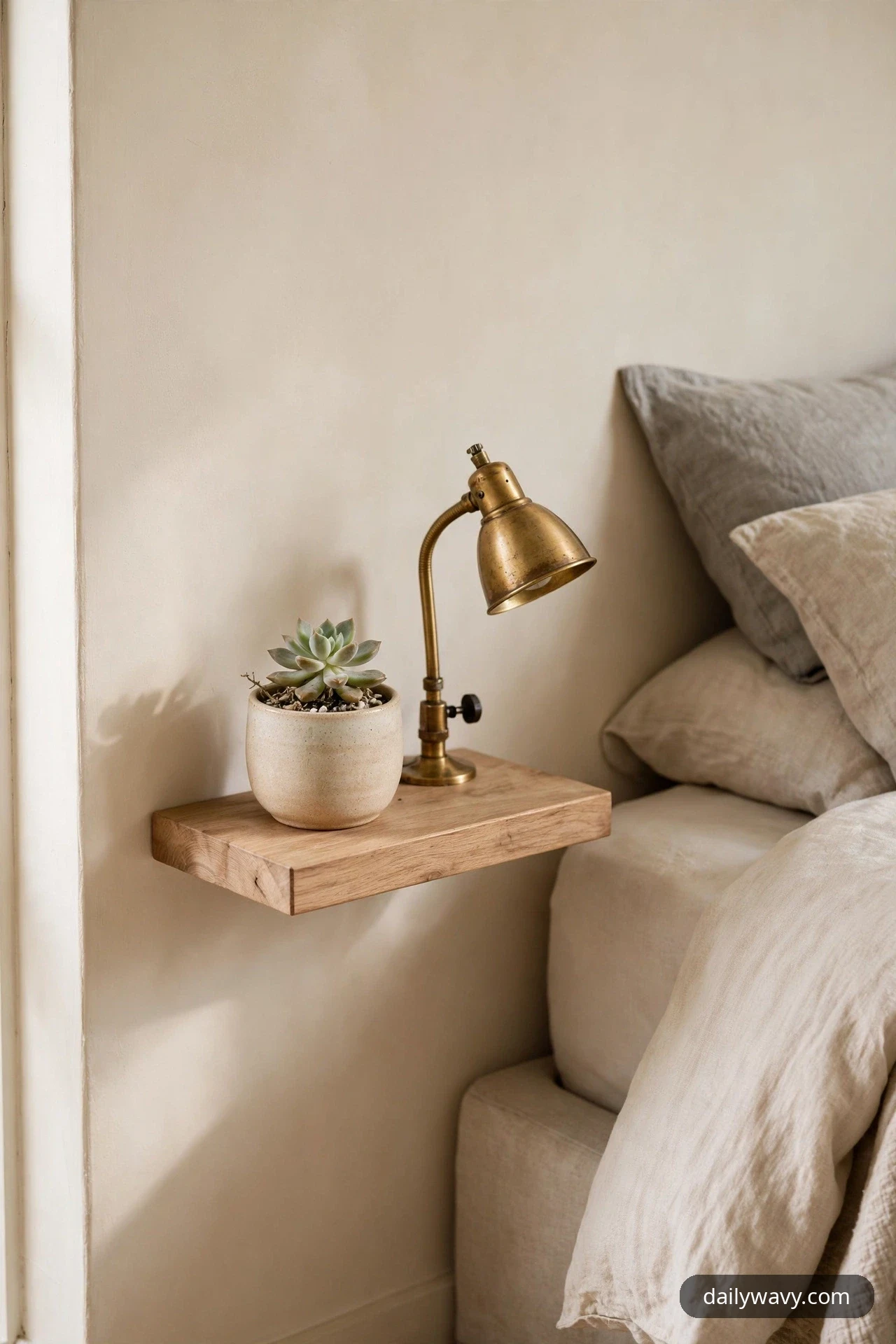 A small succulent in a cream ceramic pot sits beside a brass gooseneck reading lamp on a wooden floating shelf next to a bed.