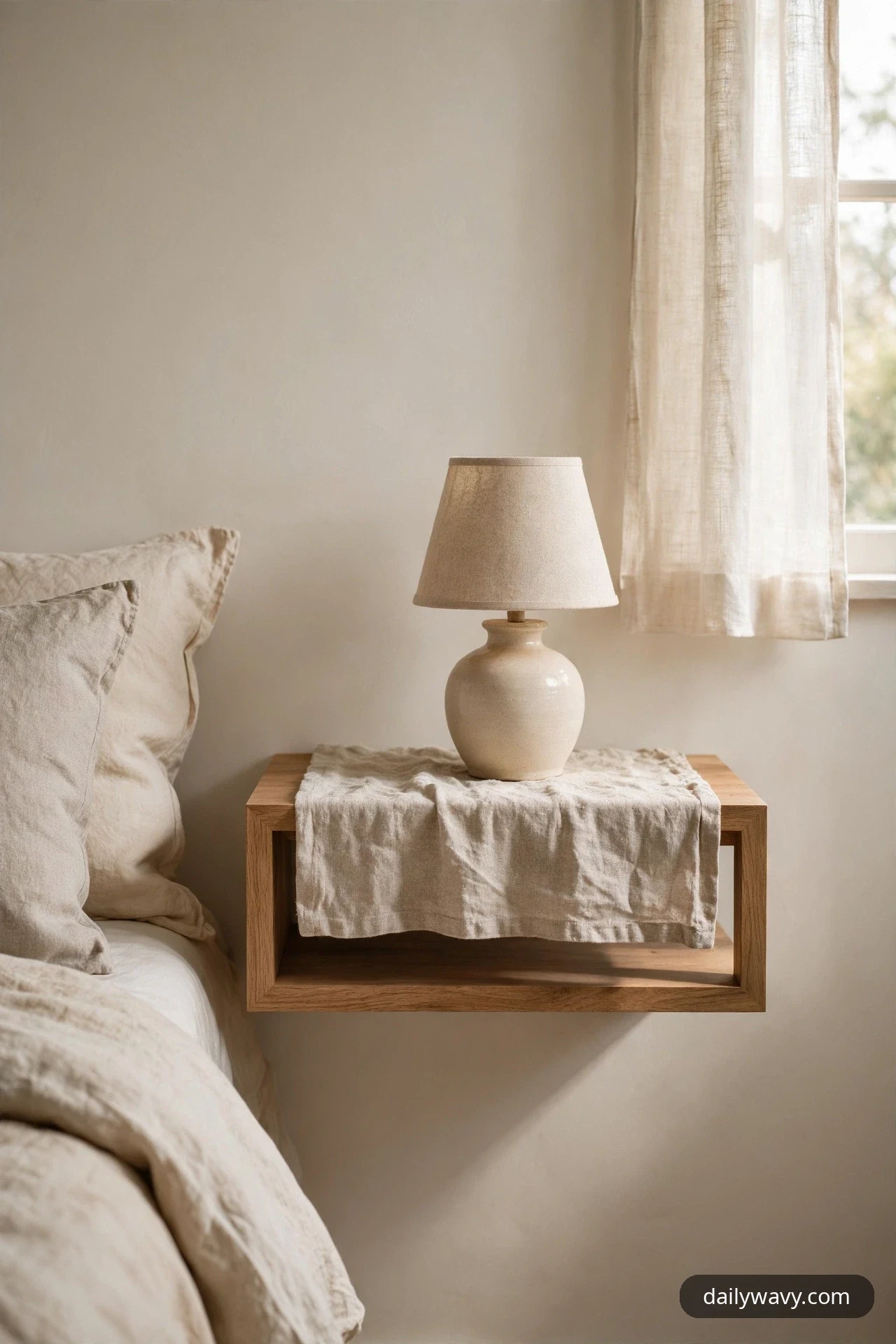 A cream ceramic table lamp with a linen shade stands on a natural linen runner draped over an open oak floating nightstand beside a bed.