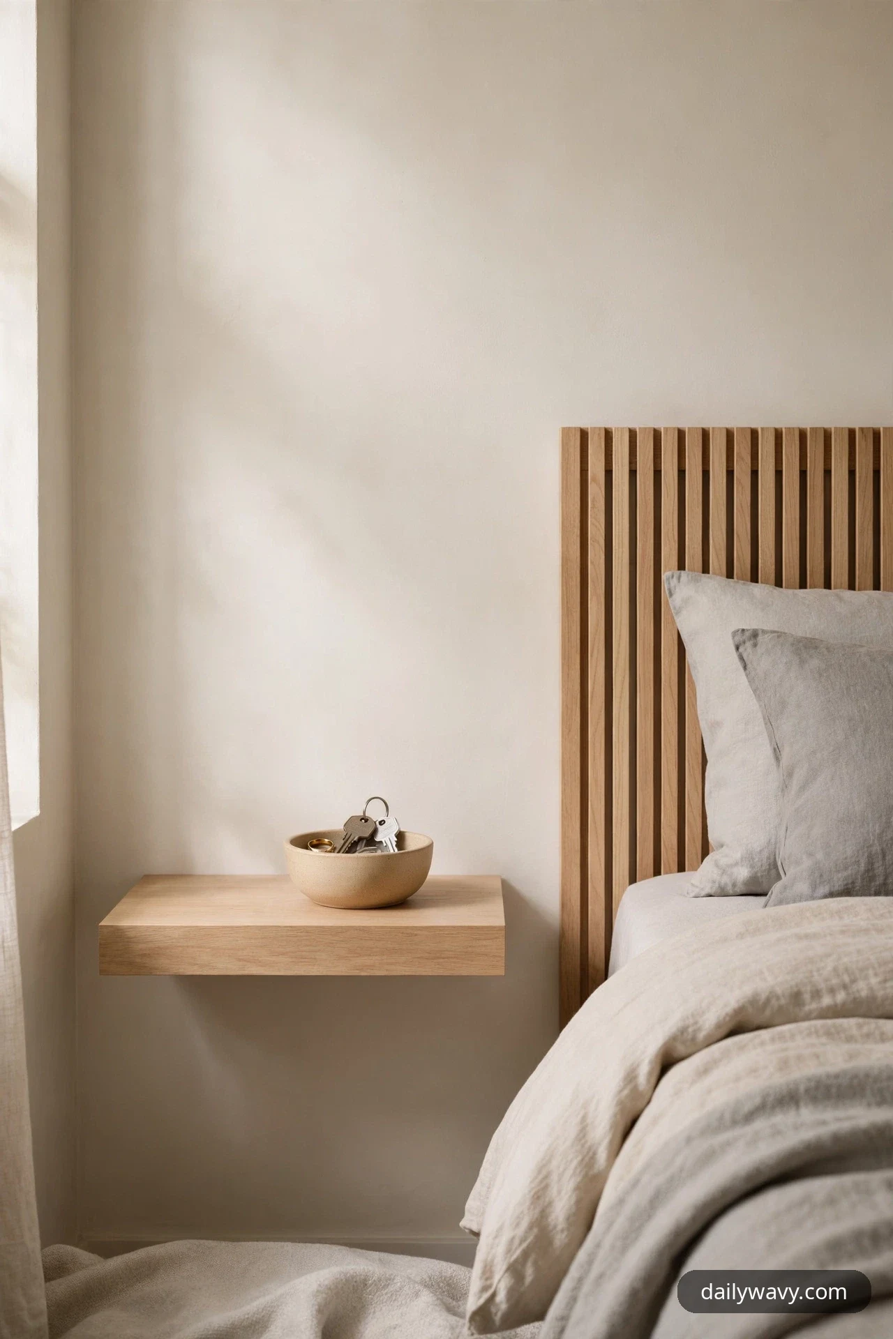 A beige ceramic catchall bowl holding keys and a ring sits on a light oak floating shelf beside a bed with a slatted wooden headboard.