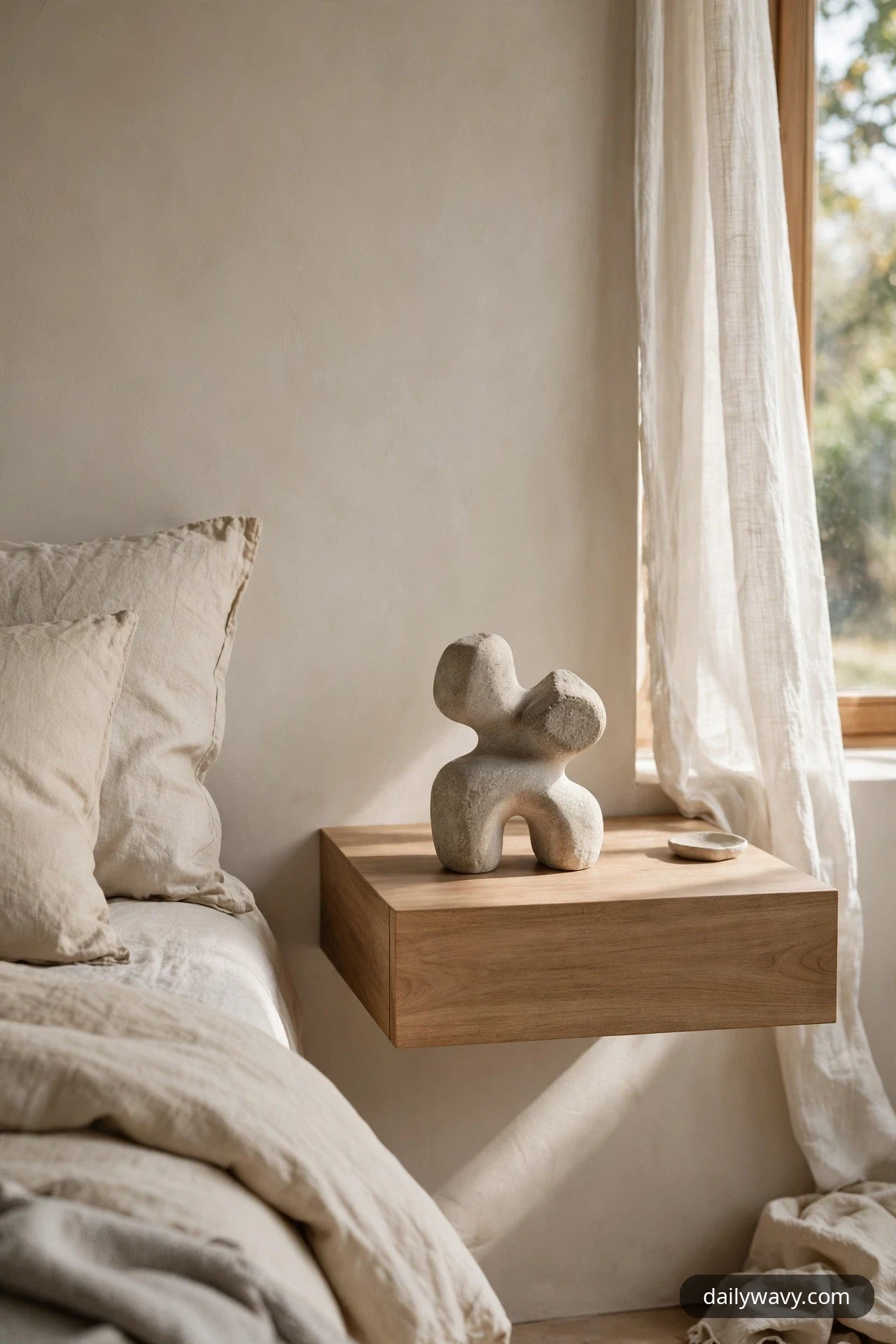 An abstract stone sculpture with an arched base stands alone on an oak floating nightstand beside a bed near a sunlit window.