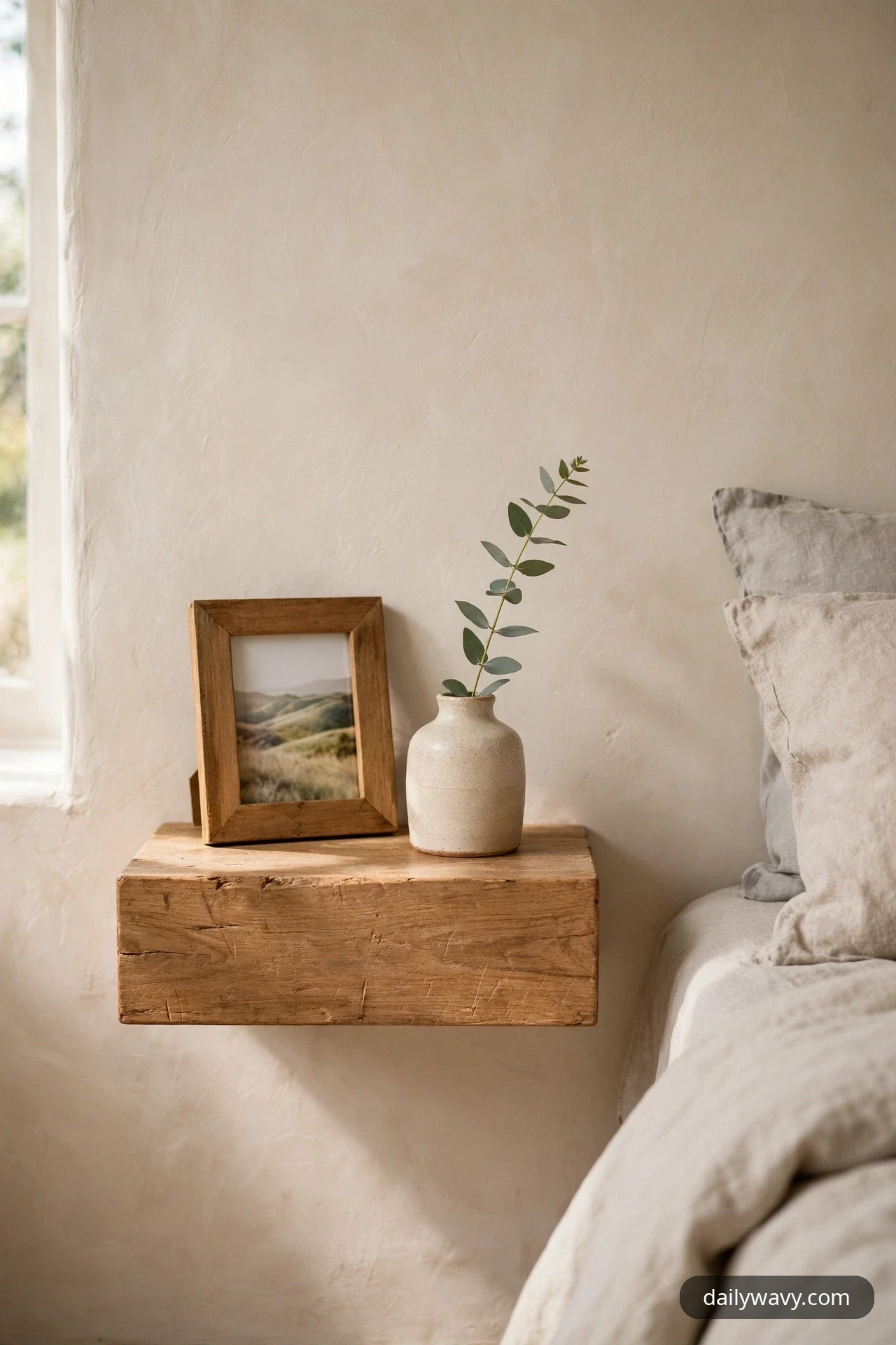 A wooden-framed landscape photograph leans against the wall on a rustic floating shelf beside a short cream ceramic vase holding a single eucalyptus stem.