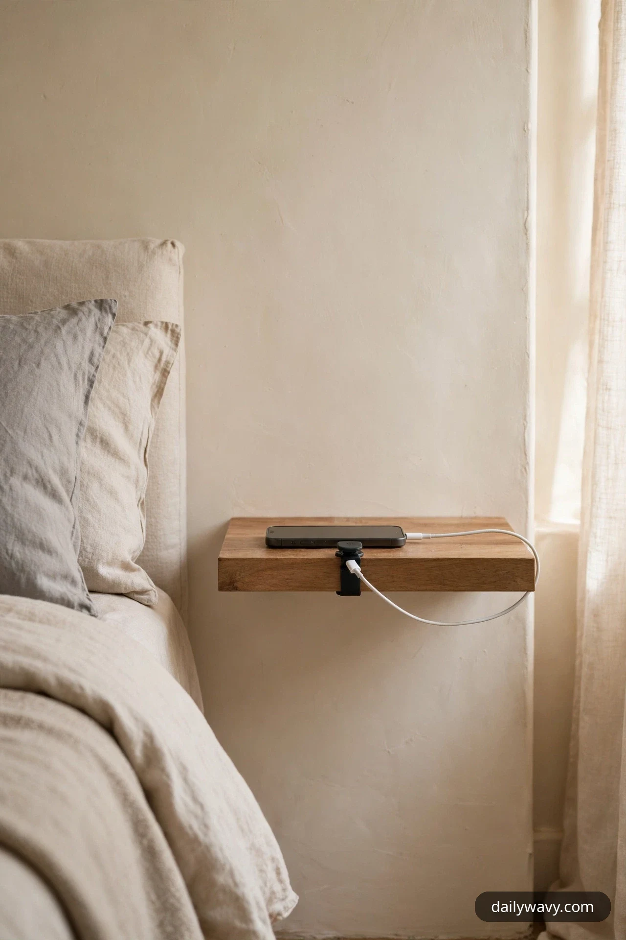 A smartphone charges on a wooden floating shelf beside a bed, its white cable held by a black clip clamped to the front edge of the shelf.