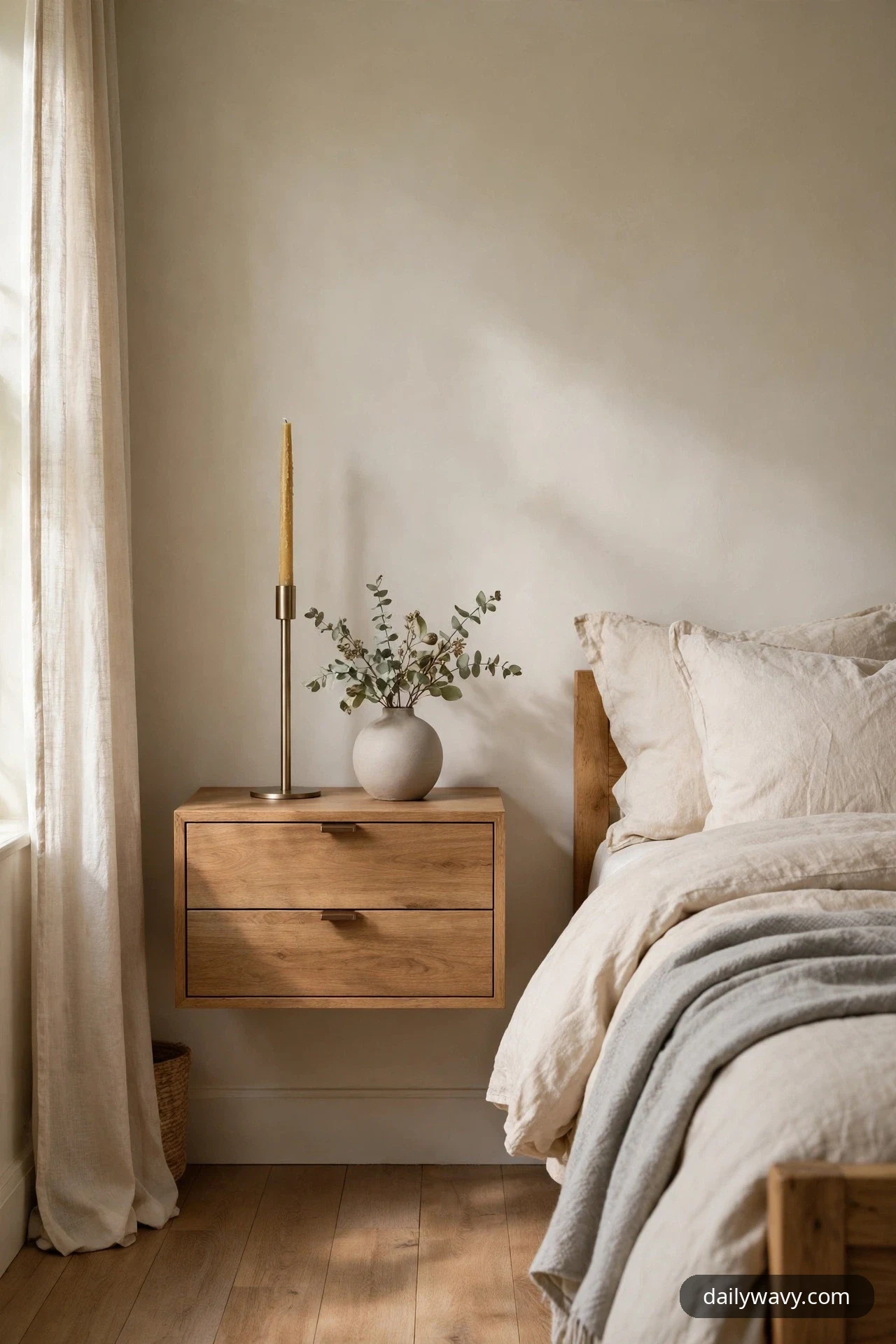 A tall brass candle holder with an unlit taper stands beside a round cream vase of eucalyptus sprigs on a two-drawer oak floating nightstand beside a bed.