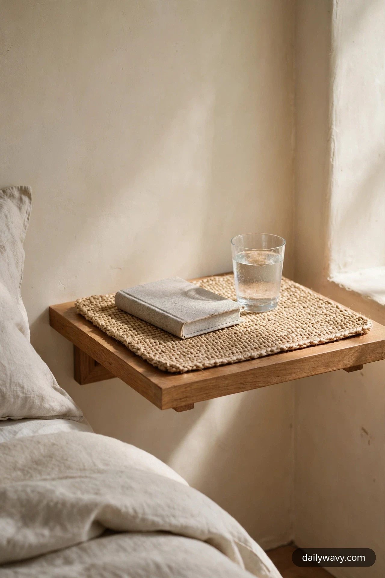 A woven mat covers most of a wooden floating shelf beside a bed, holding a cloth-bound book and a glass of water.