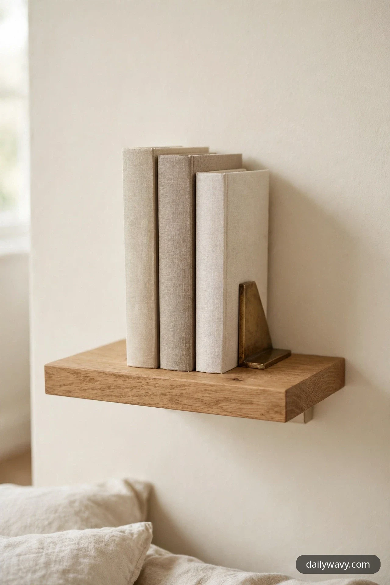Four upright linen-bound books in neutral tones stand in a row held by a brass bookend on an oak floating shelf above a bed.