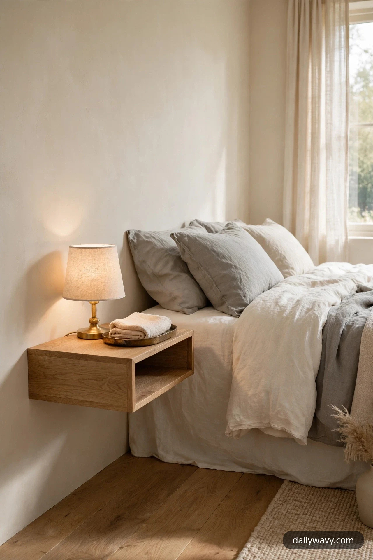 A lit brass table lamp with a cream linen shade glows beside a small tray on an open oak floating nightstand next to a bed with gray and cream linen bedding.