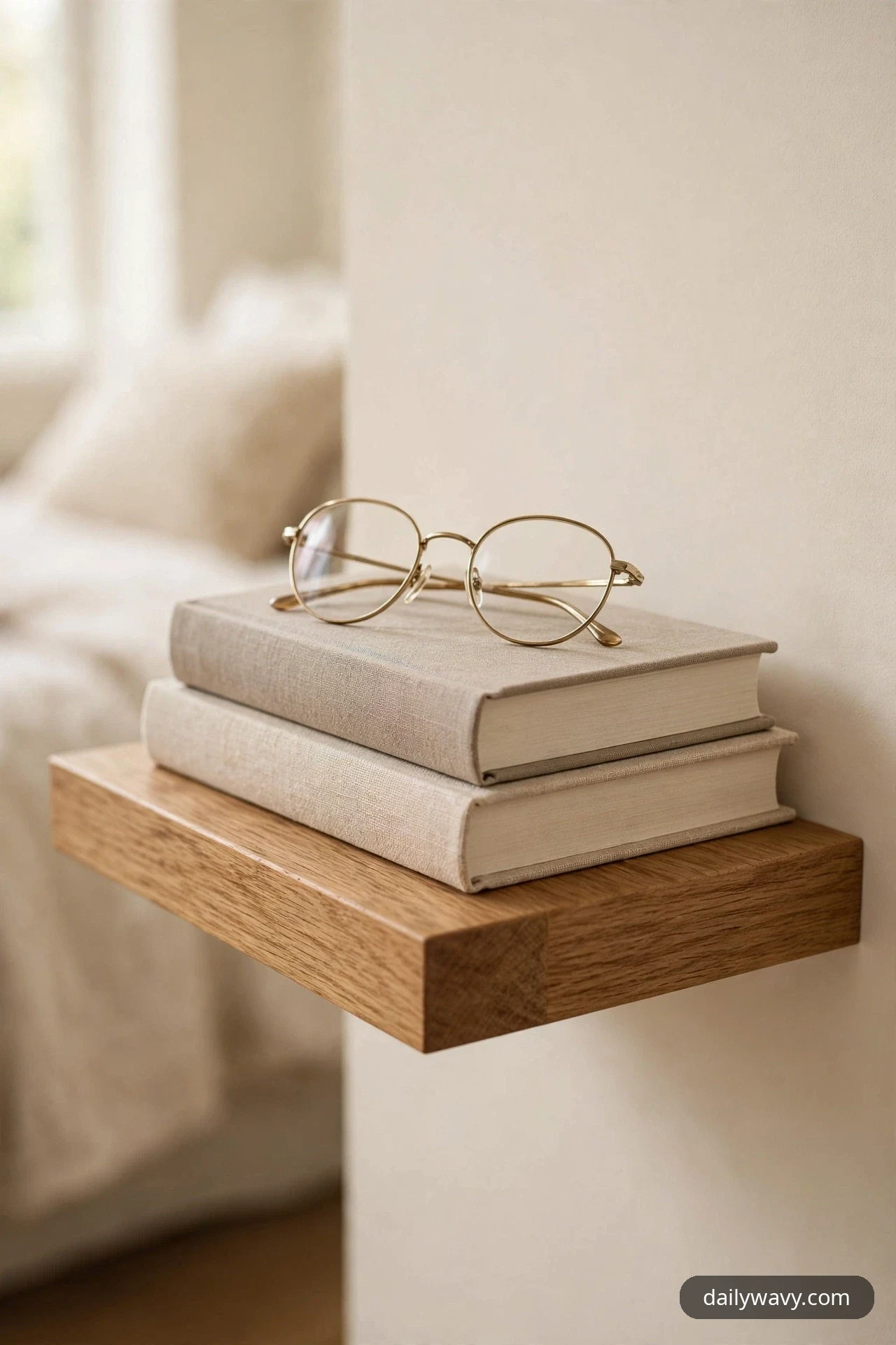 Two linen-bound hardcover books are stacked on an oak floating shelf with a pair of round reading glasses resting on top, beside a softly blurred bed.