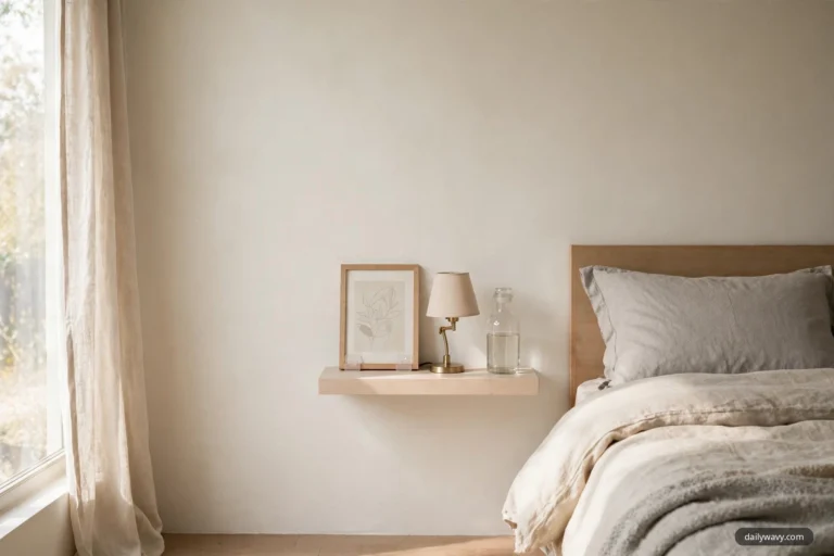 A wide view of a bedroom shows a pale wood floating nightstand beside a bed with natural linen bedding, holding a framed botanical line print, a small brass lamp with a linen shade, and a glass water bottle.