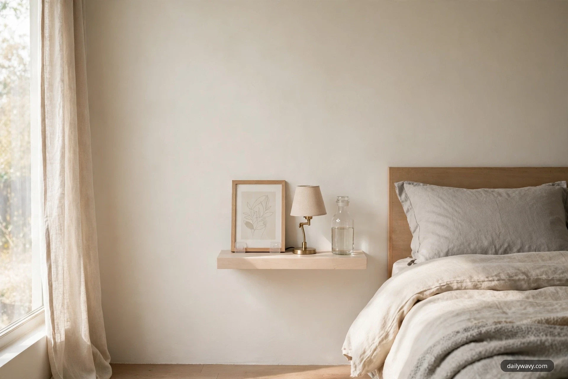A wide view of a bedroom shows a pale wood floating nightstand beside a bed with natural linen bedding, holding a framed botanical line print, a small brass lamp with a linen shade, and a glass water bottle.