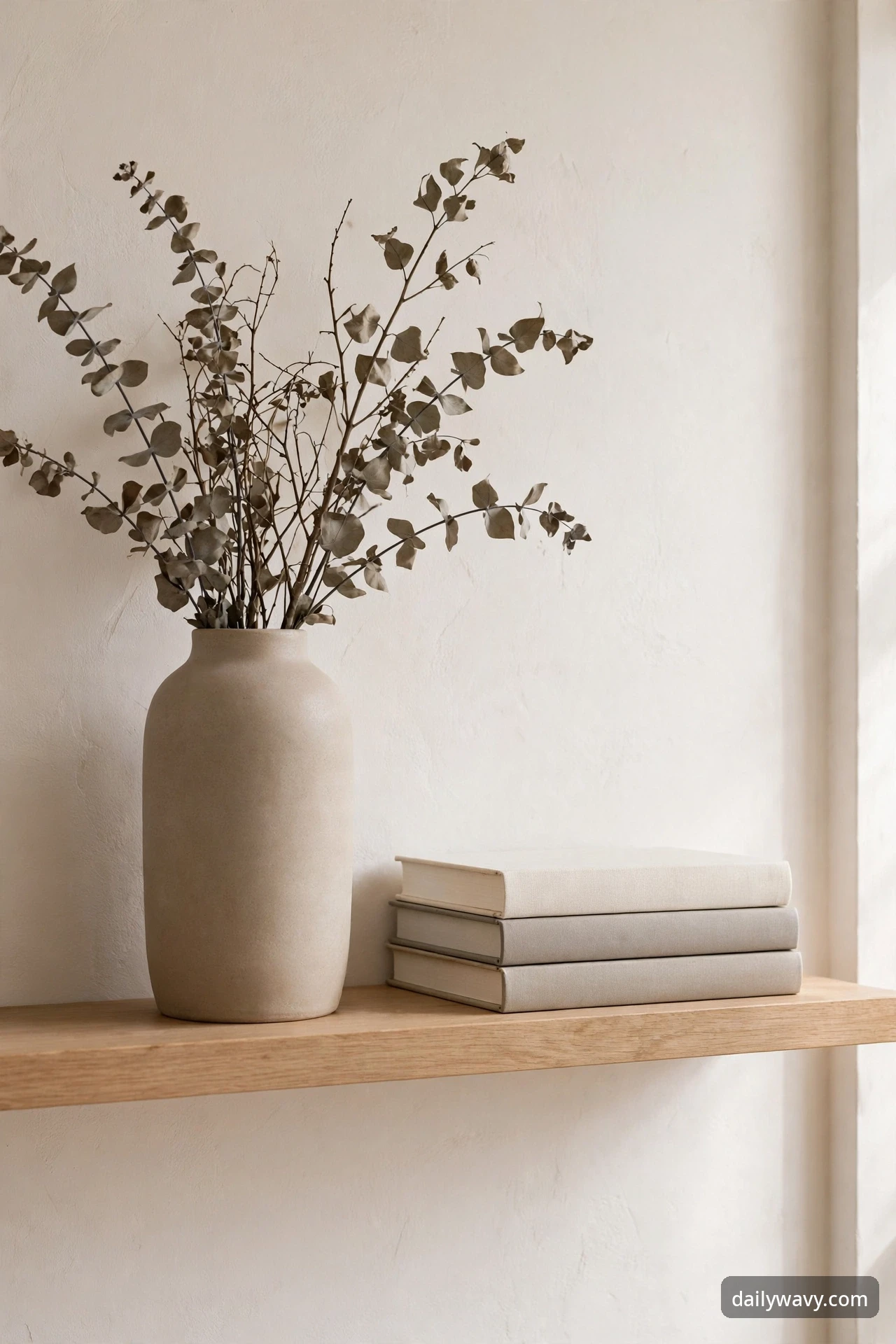 Tall stoneware vase balanced by a short stack of books on a floating shelf