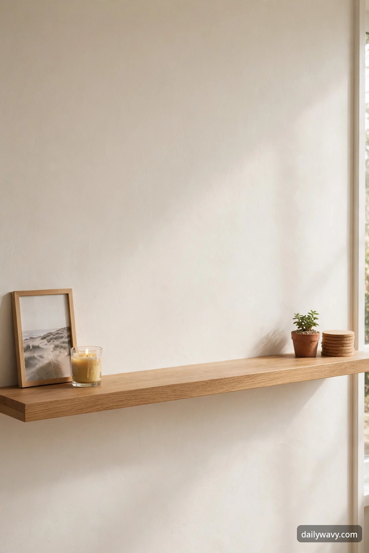 Floating shelf with open empty space between two styled object groups
