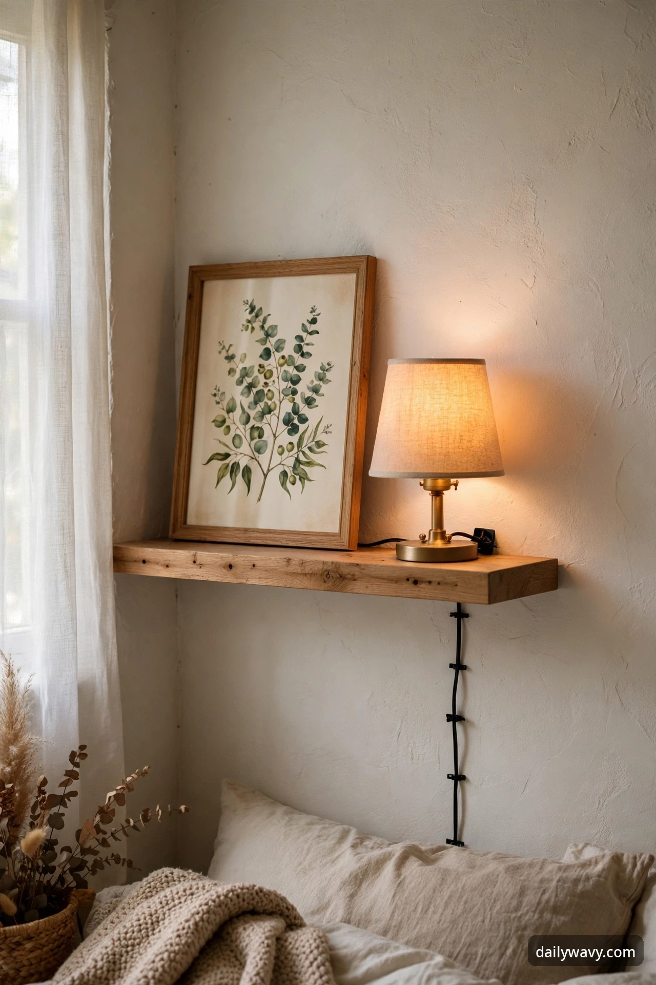 Small shelf lamp glowing beside a framed print on a floating shelf